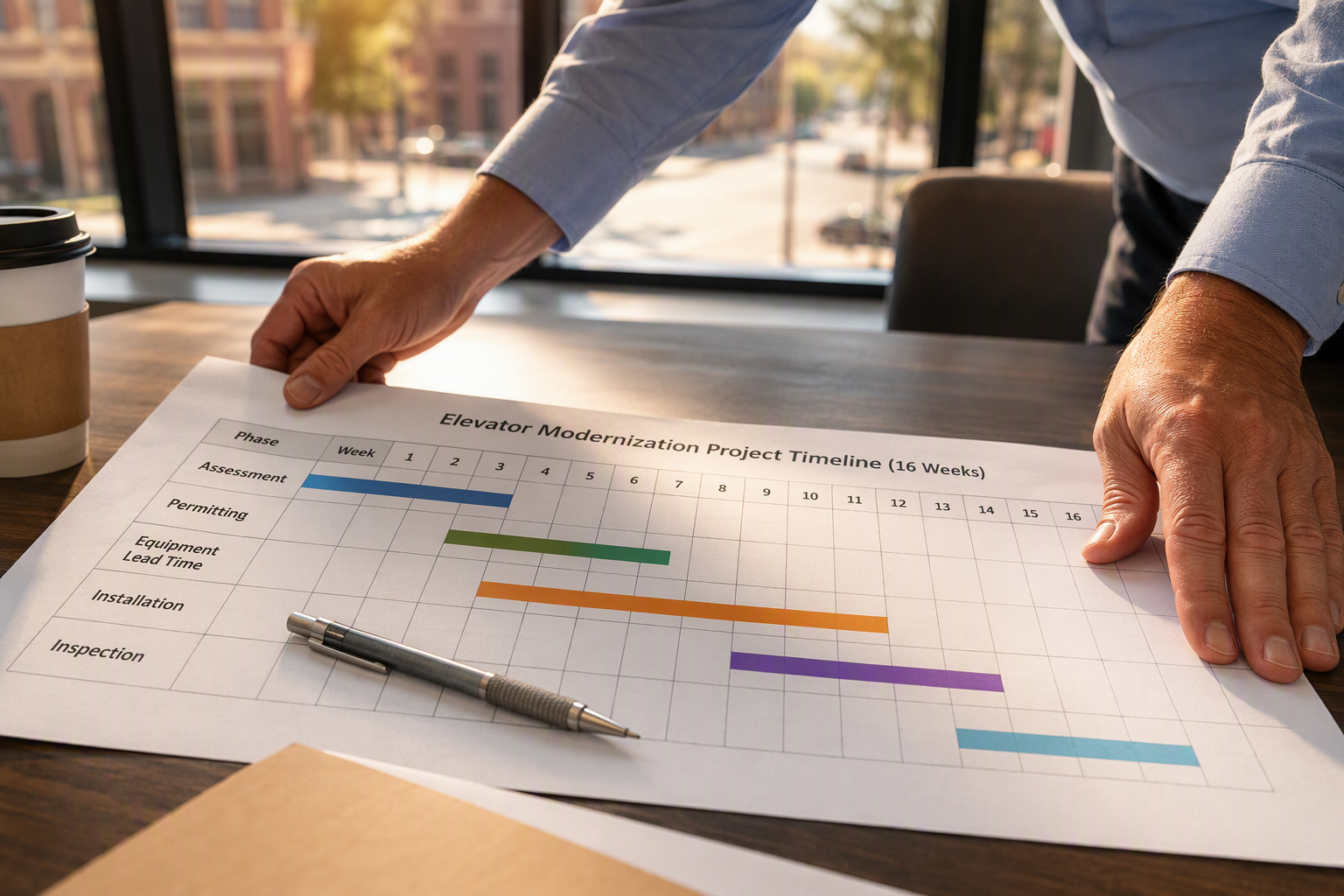 Property manager reviewing an elevator modernization project timeline showing phased stages from permitting through final inspection, planning for building access during the project.