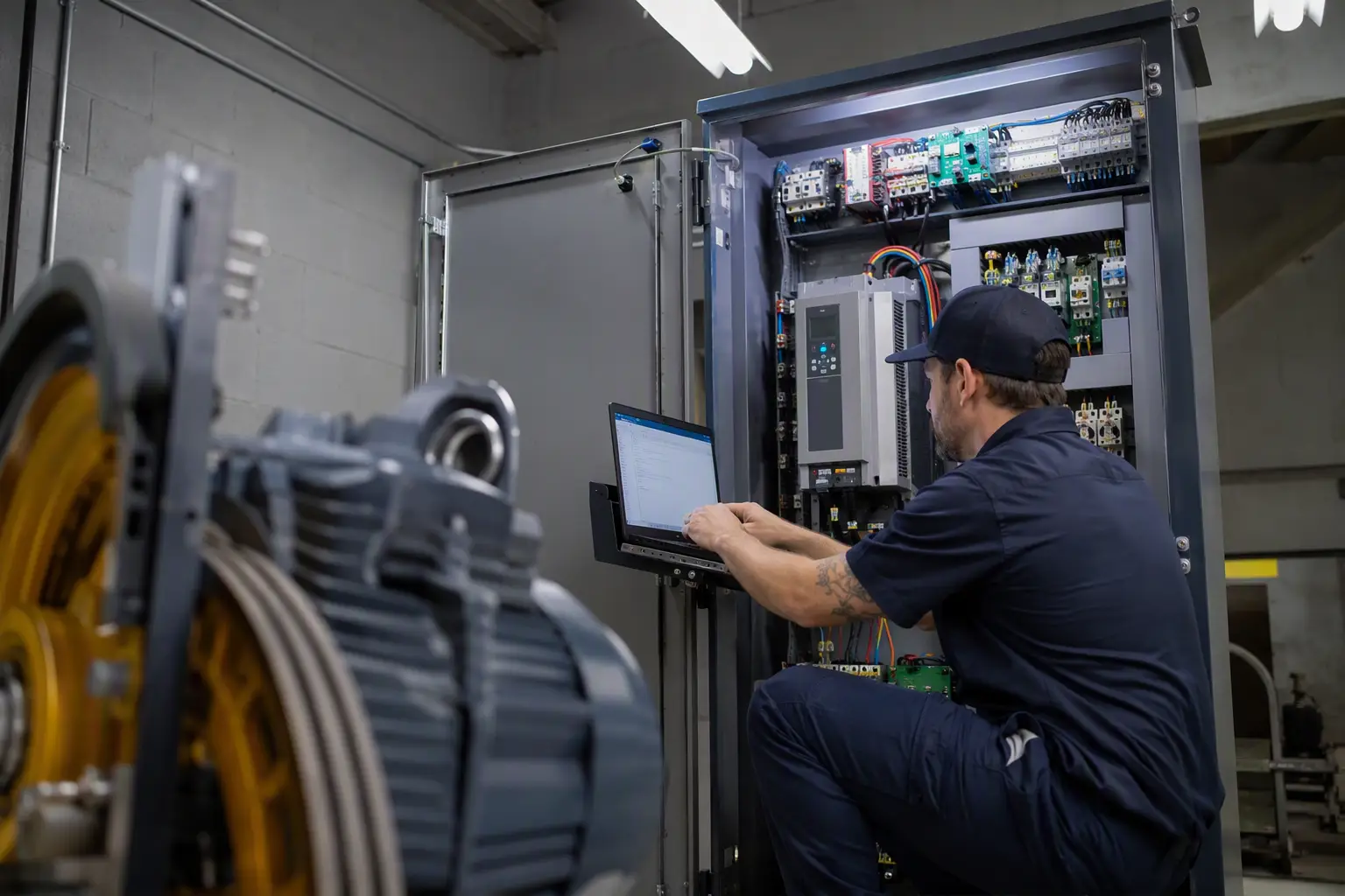 Elevator technician configuring a newly installed modernized control system inside a machine room during an elevator modernization project in a Columbia SC commercial building.