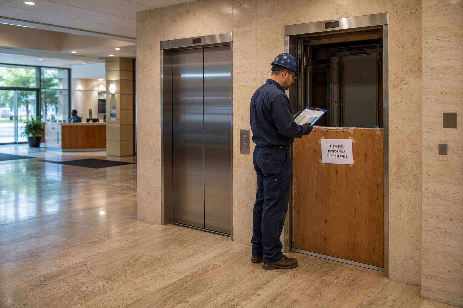 Elevator modernization project underway in a Columbia SC office building lobby, showing one elevator in service and one temporarily out of service during phased construction.