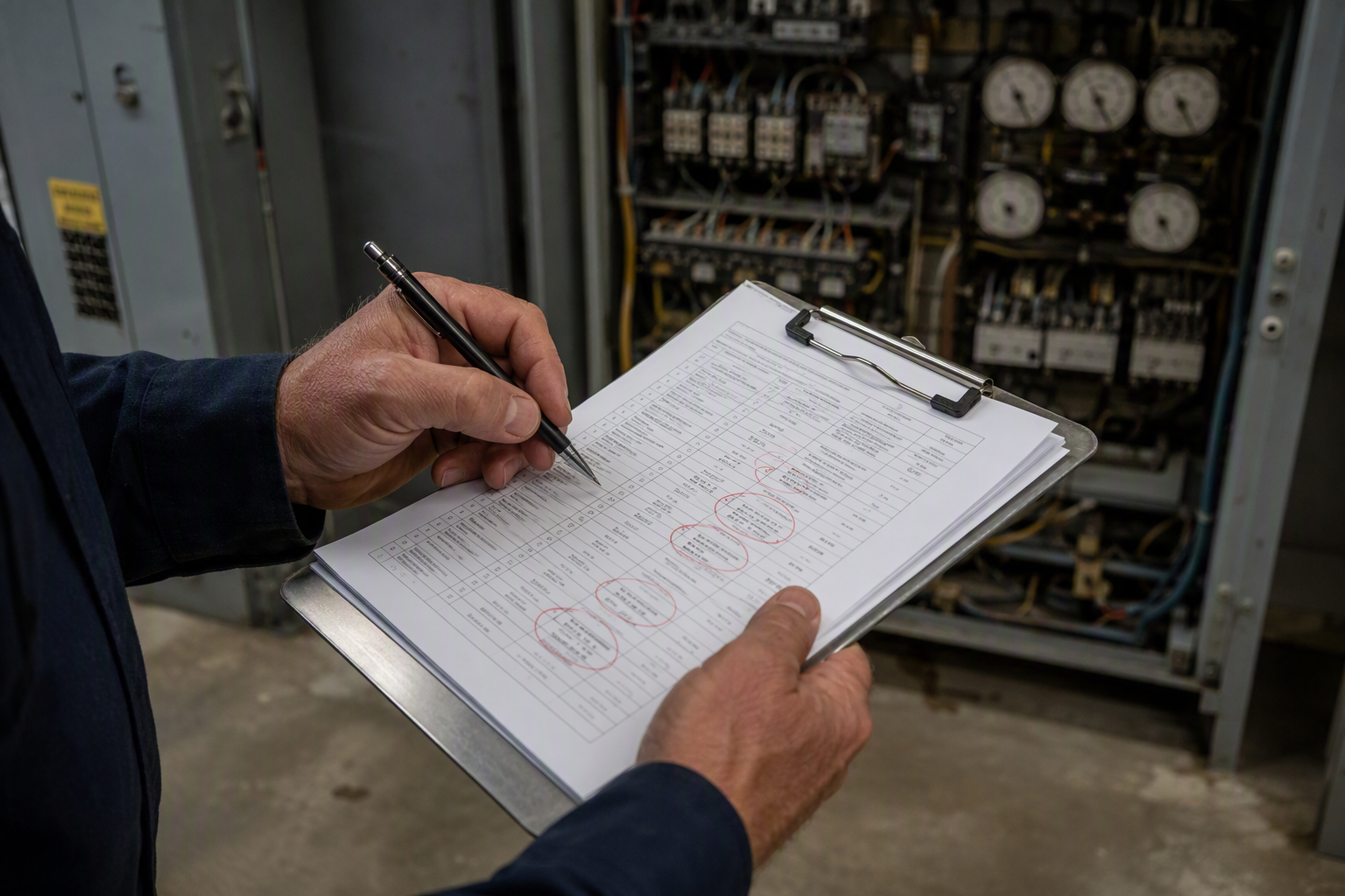 Facilities manager reviewing elevator maintenance callback records in a machine room to determine if modernization or repair is needed