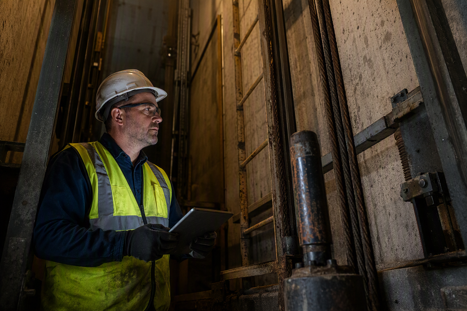 Elevator inspector examining aging pit safety components including governor rope and buffer during a South Carolina compliance inspection