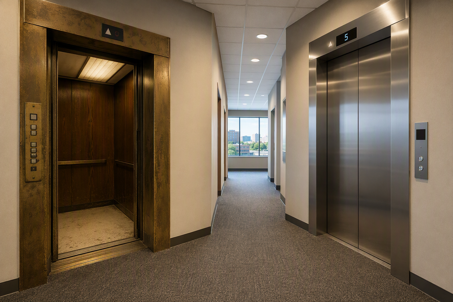 Side-by-side comparison of an aging elevator with worn fixtures and a modernized elevator with updated cab and controls in a Columbia SC office building