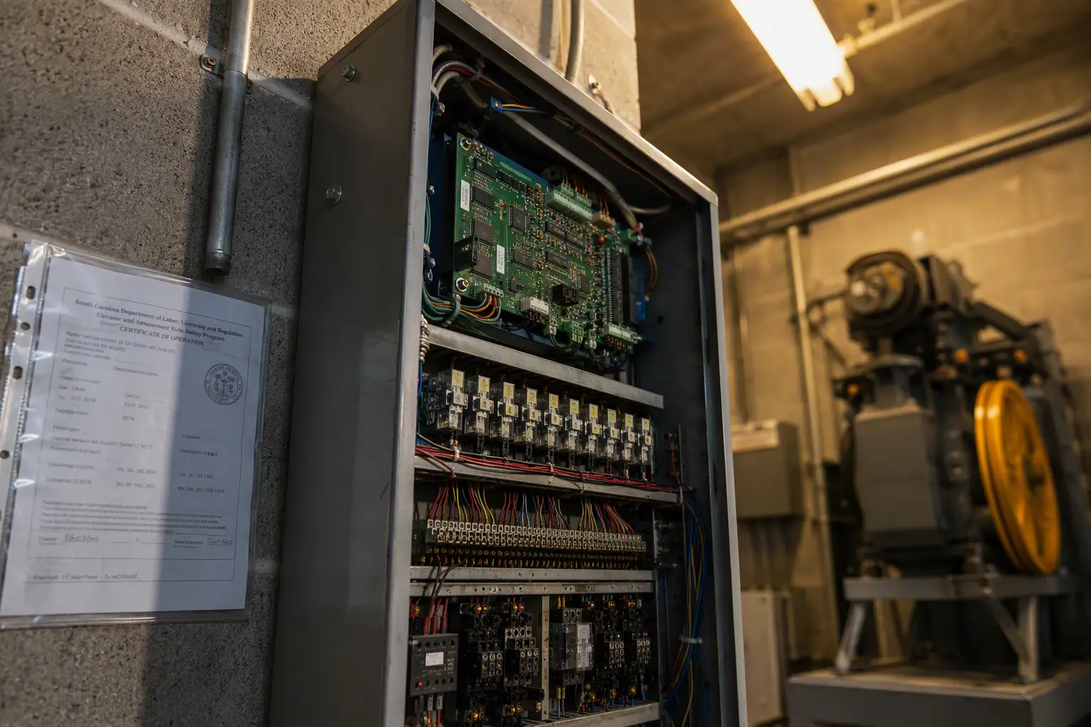 Elevator controller cabinet and SC LLR inspection certificate mounted in a machine room, representing the state agency oversight of elevator permits and inspections in South Carolina.