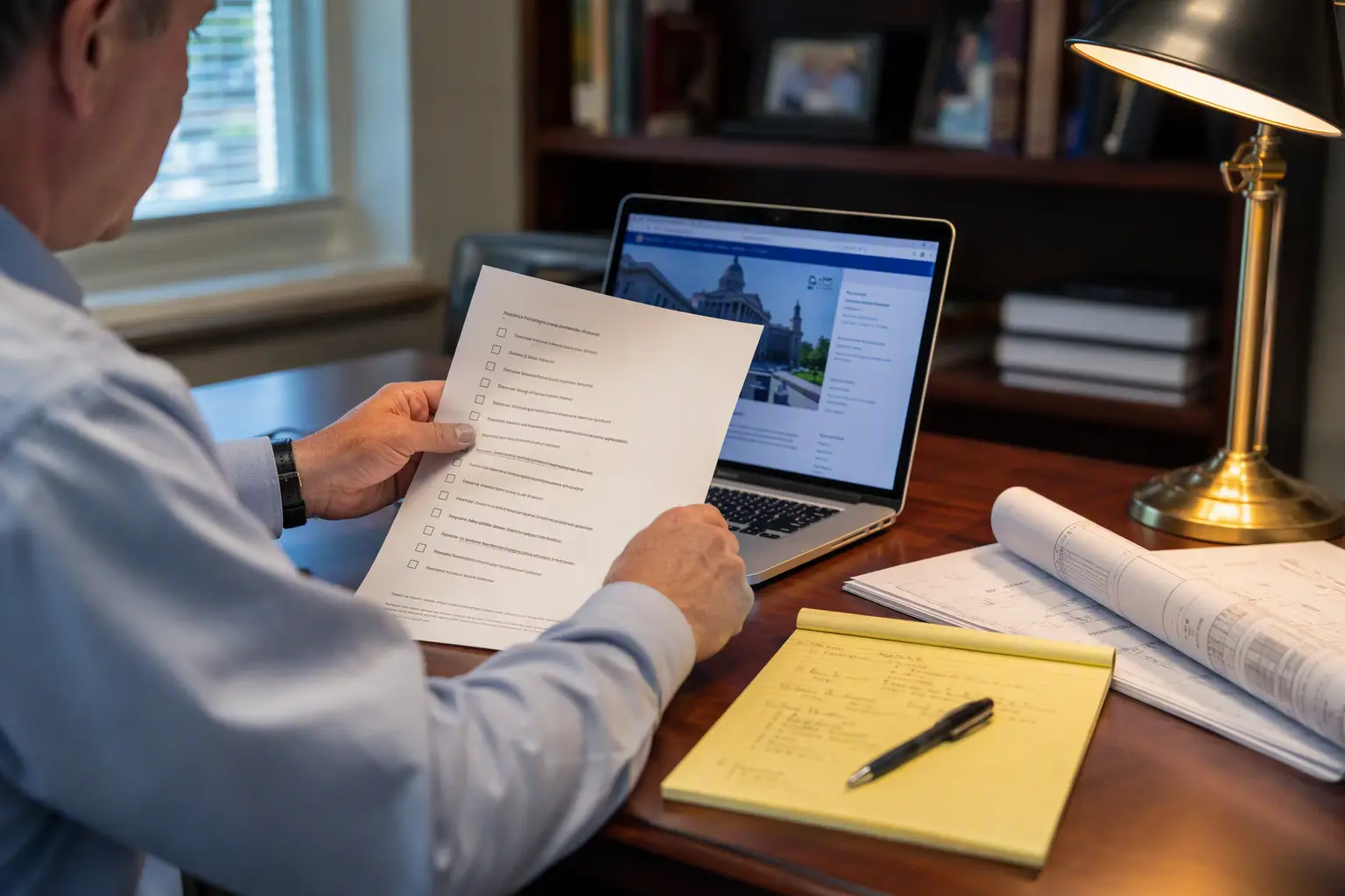 Property manager in a Columbia SC office reviewing an elevator repair permit requirements checklist alongside engineering drawings to determine which repairs require SC permits.