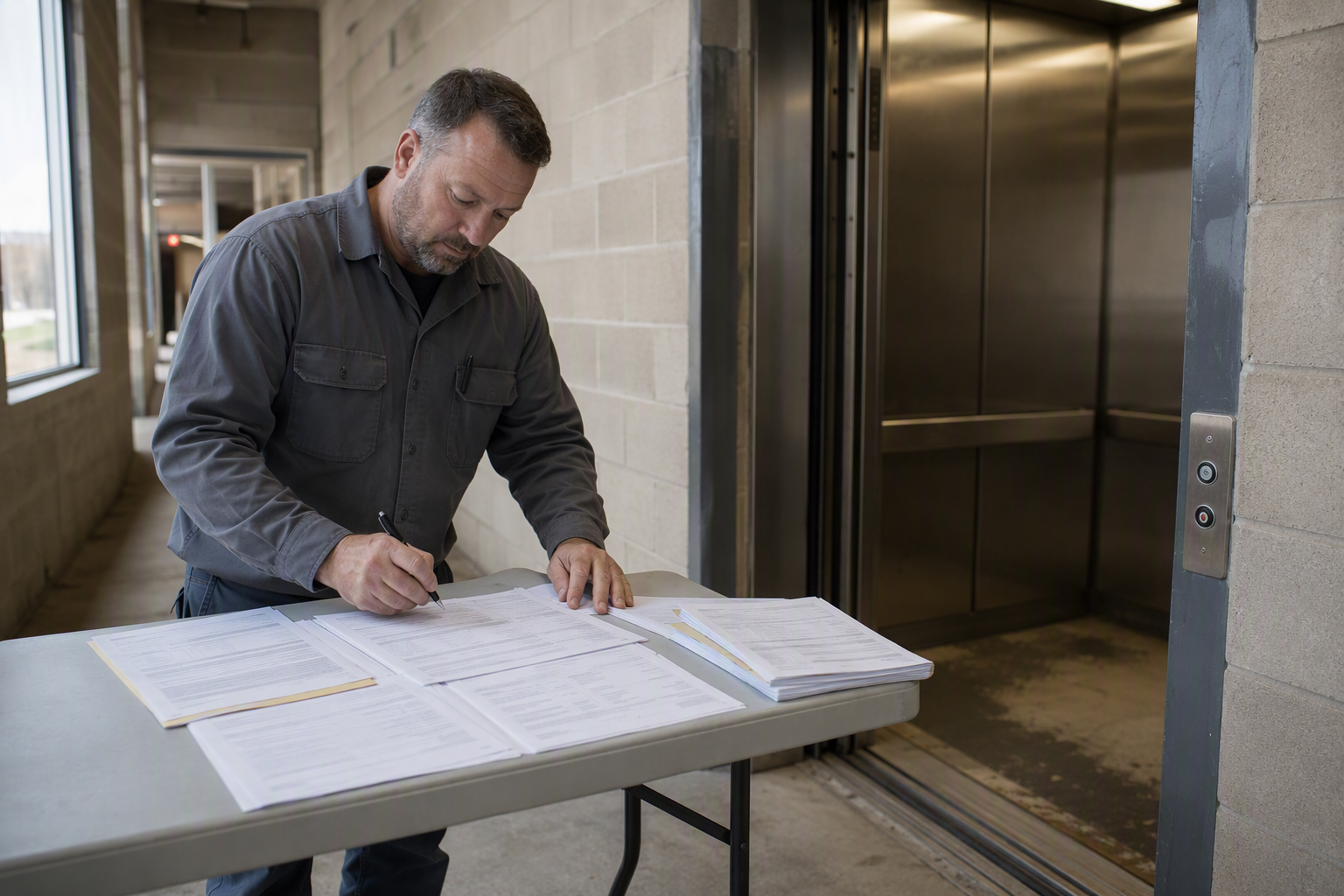 Licensed elevator contractor reviewing SC LLR repair permit application outside open elevator hoistway doors in a Columbia SC commercial building corridor.