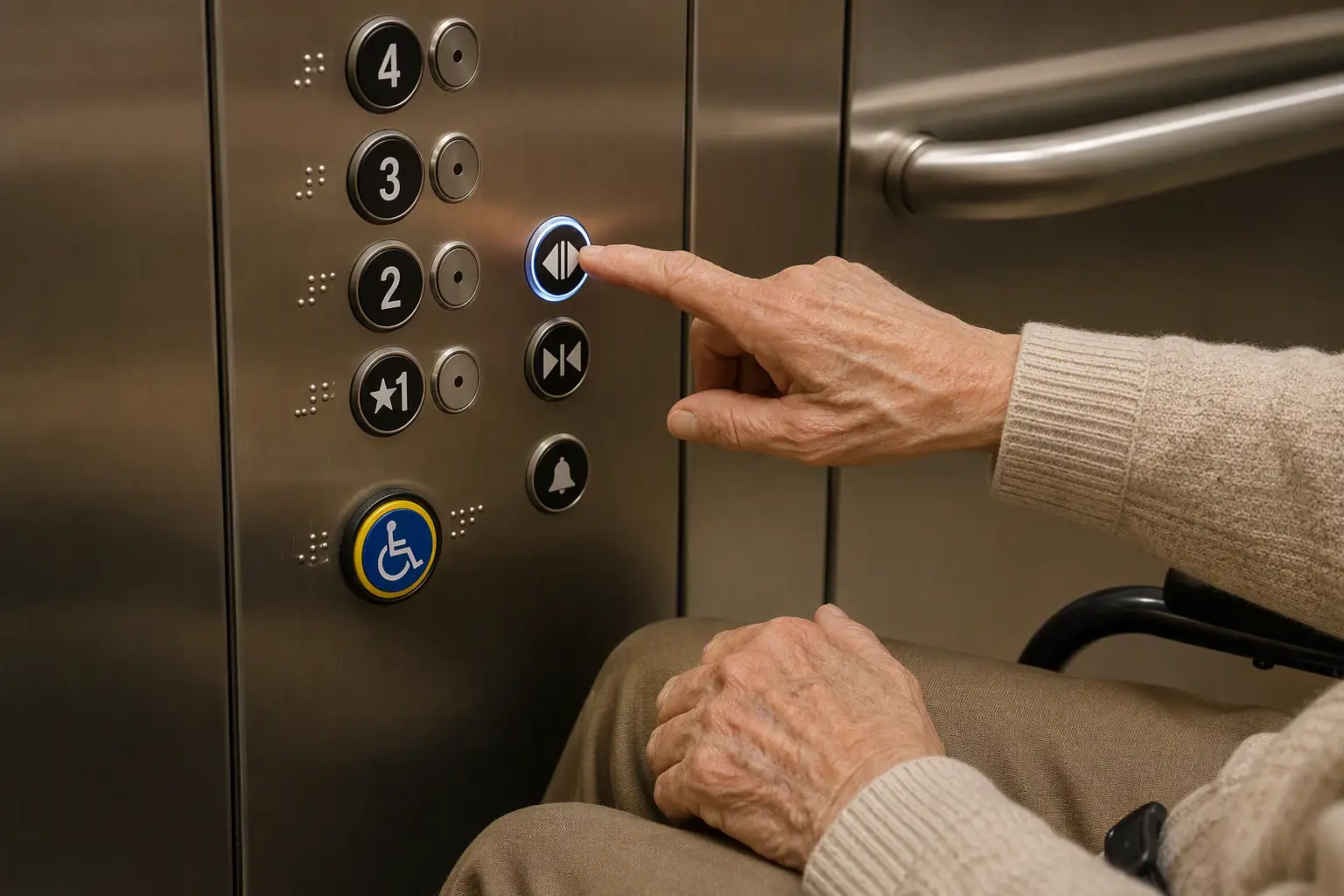 ADA-compliant elevator control panel at low mounting height with Braille, raised characters, and tactile buttons accessible to senior living residents using wheelchairs