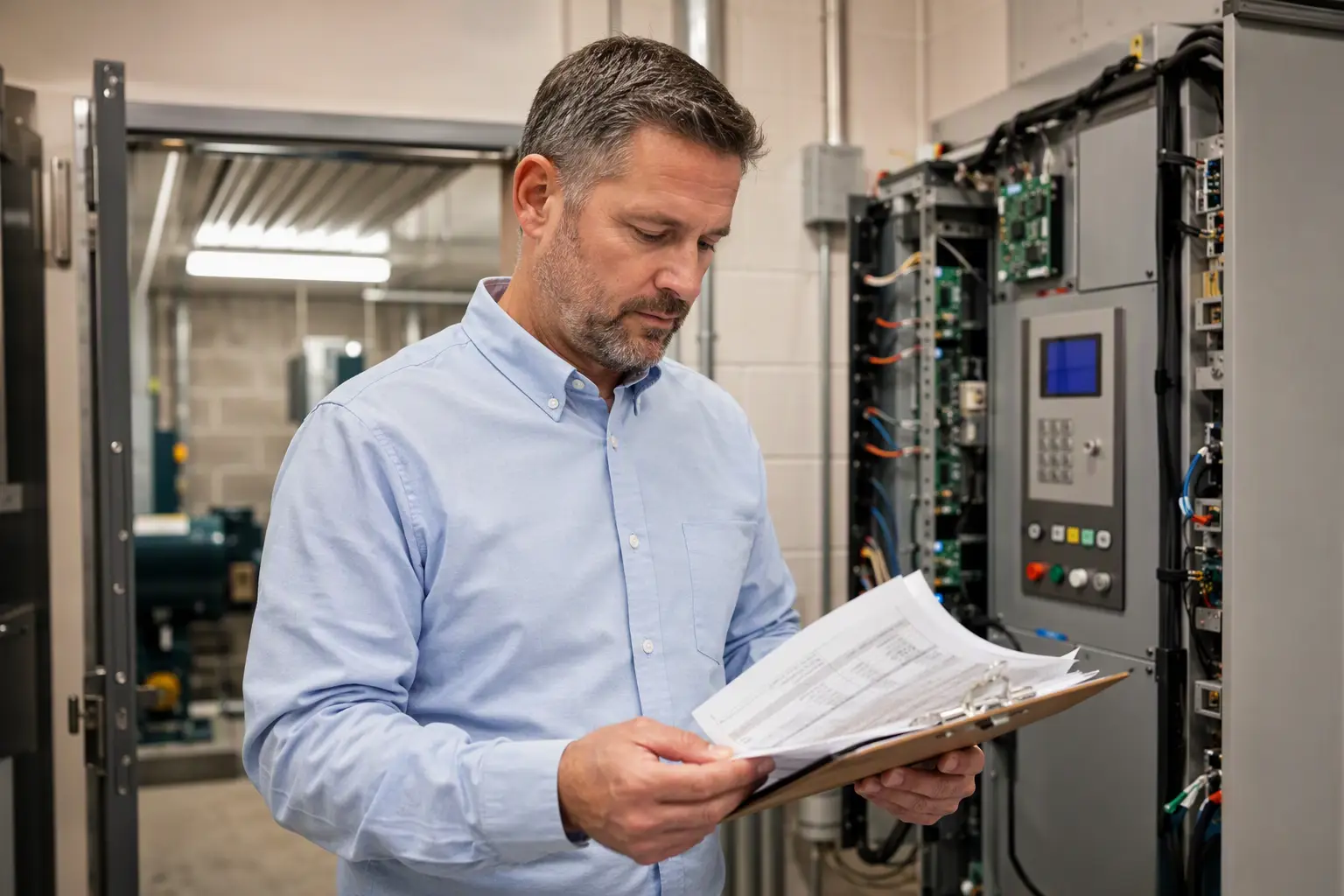 Facility manager reviewing elevator ADA compliance inspection checklist in the machine room of a South Carolina senior living or assisted living building