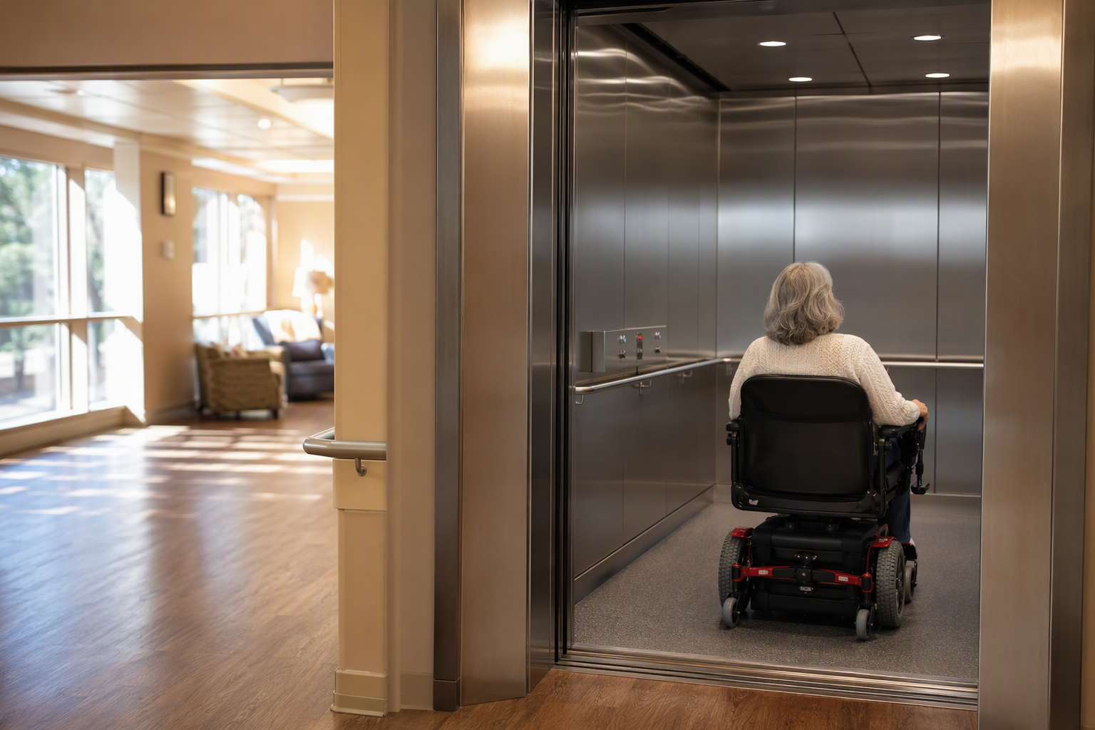 Wide-door accessible elevator in a South Carolina senior living facility showing spacious cab interior, low controls, and three-wall handrails for residents with mobility issues