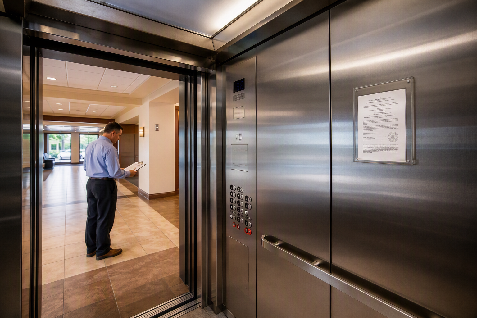 Building manager reviewing elevator safety code compliance certificate posted inside a commercial elevator cab in Columbia, SC office building