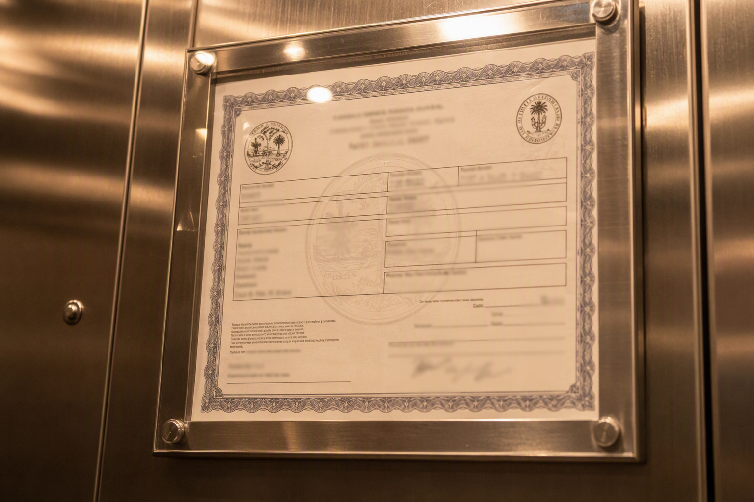 Close-up of a state elevator inspection certificate posted inside a Columbia SC commercial elevator cab, required by South Carolina LLR compliance rules