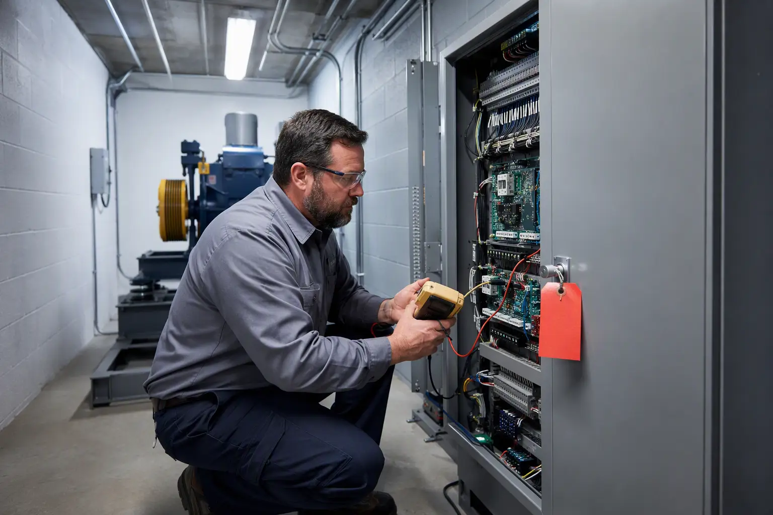 Elevator technician diagnosing a failed inspection deficiency inside a machine room in Columbia SC, with an out-of-service tag on the controller panel
