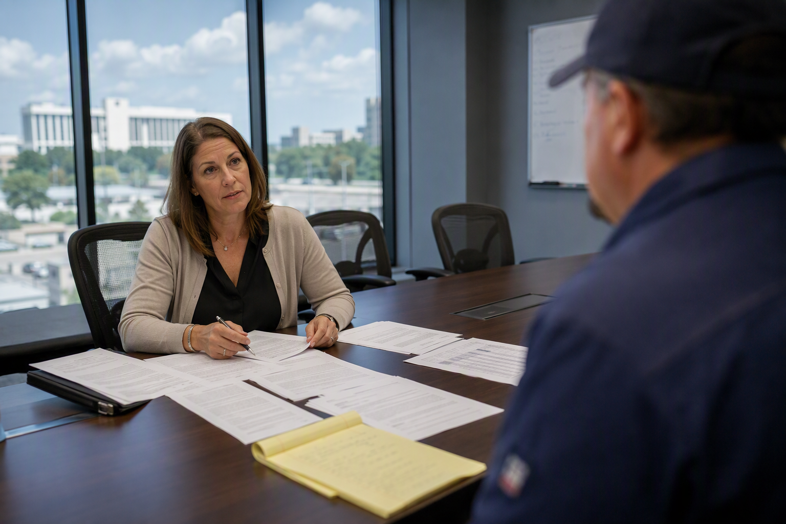 Healthcare facility manager reviewing an elevator service contract at a conference table, relevant to elevator service contract negotiation tips for Columbia SC hospitals.