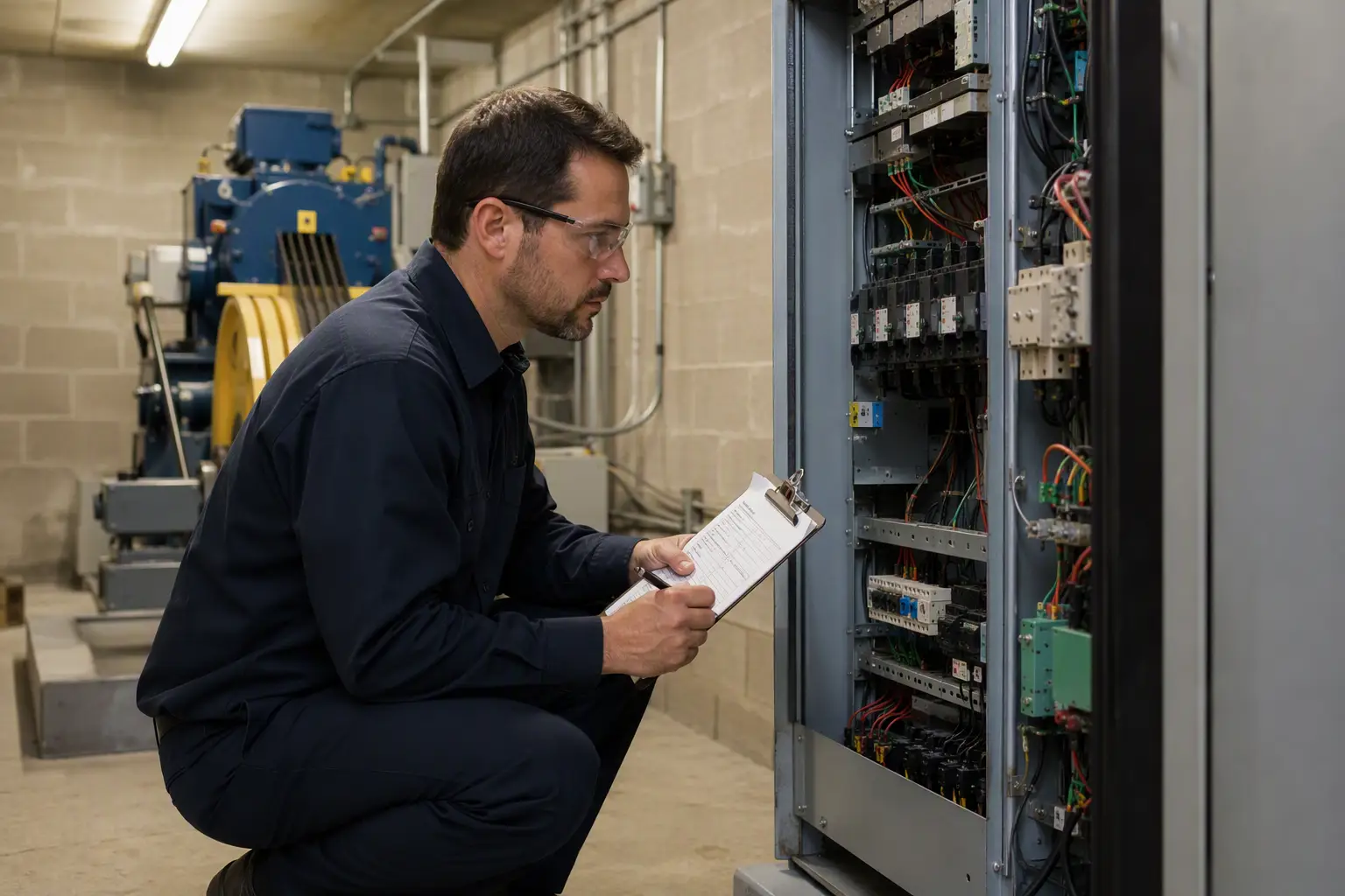 Elevator technician inspecting machine room controller during a scheduled healthcare facility maintenance visit, relevant to elevator service contract scope-of-work coverage.