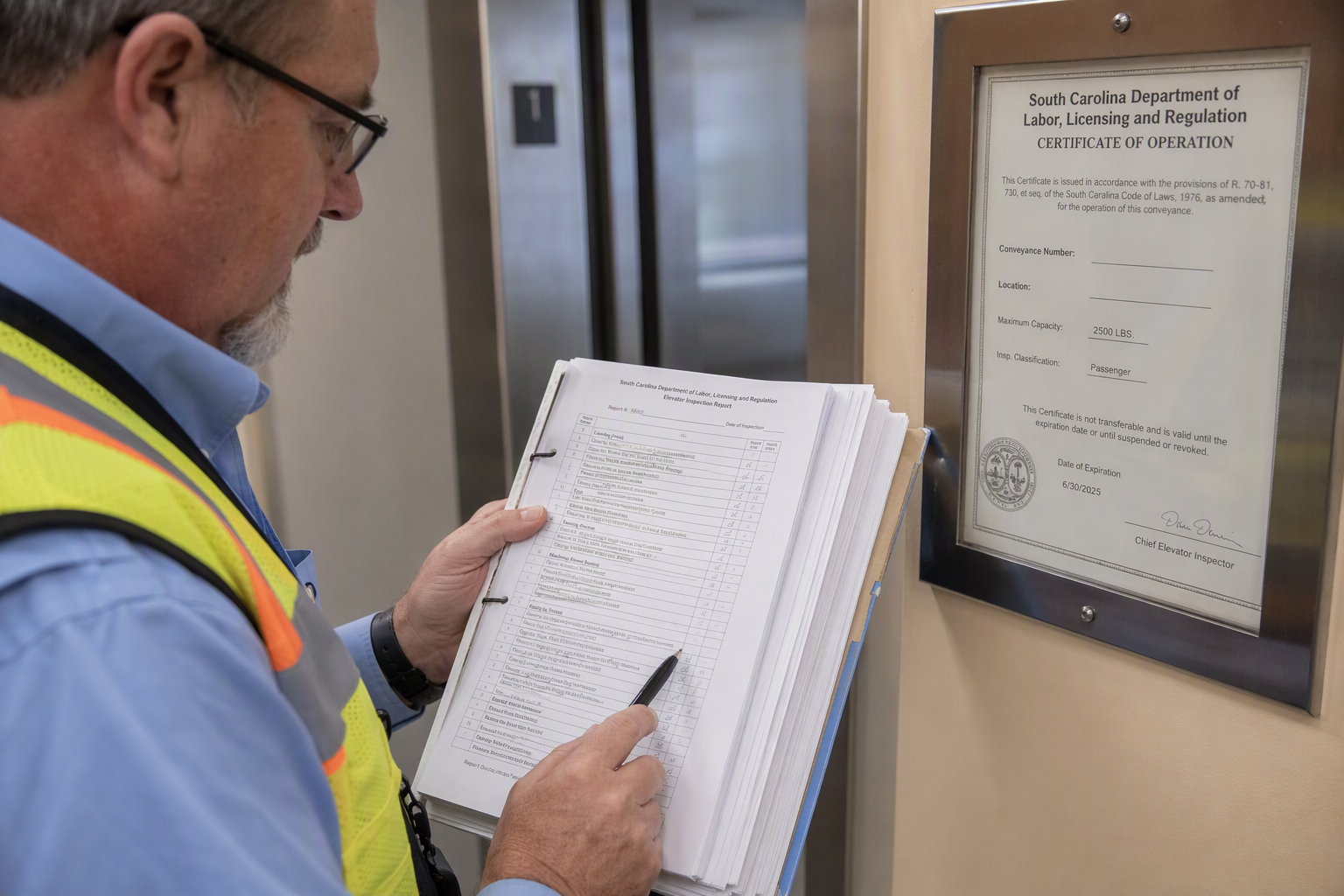 Licensed elevator inspector reviewing South Carolina LLR inspection certificate and compliance documents at an assisted living facility elevator