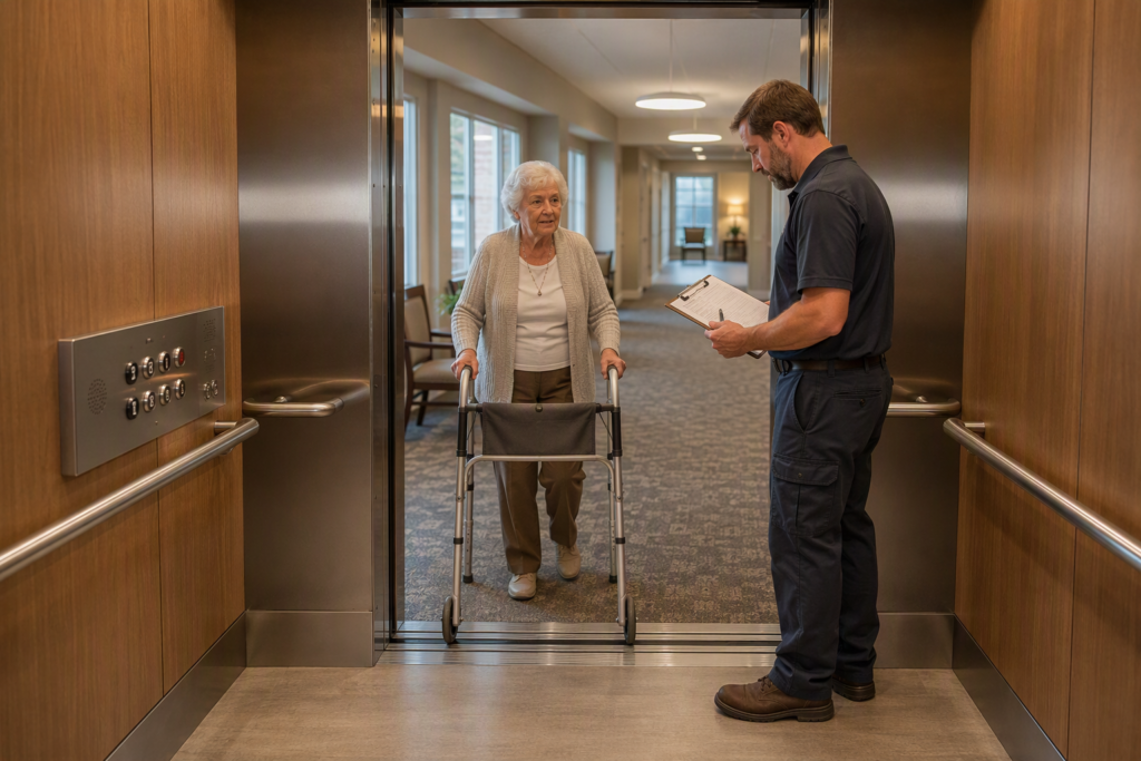 ADA-compliant elevator cab interior at a Columbia SC senior living facility showing handrails, wide doors, and accessible control panel meeting ASME A17.1 requirements