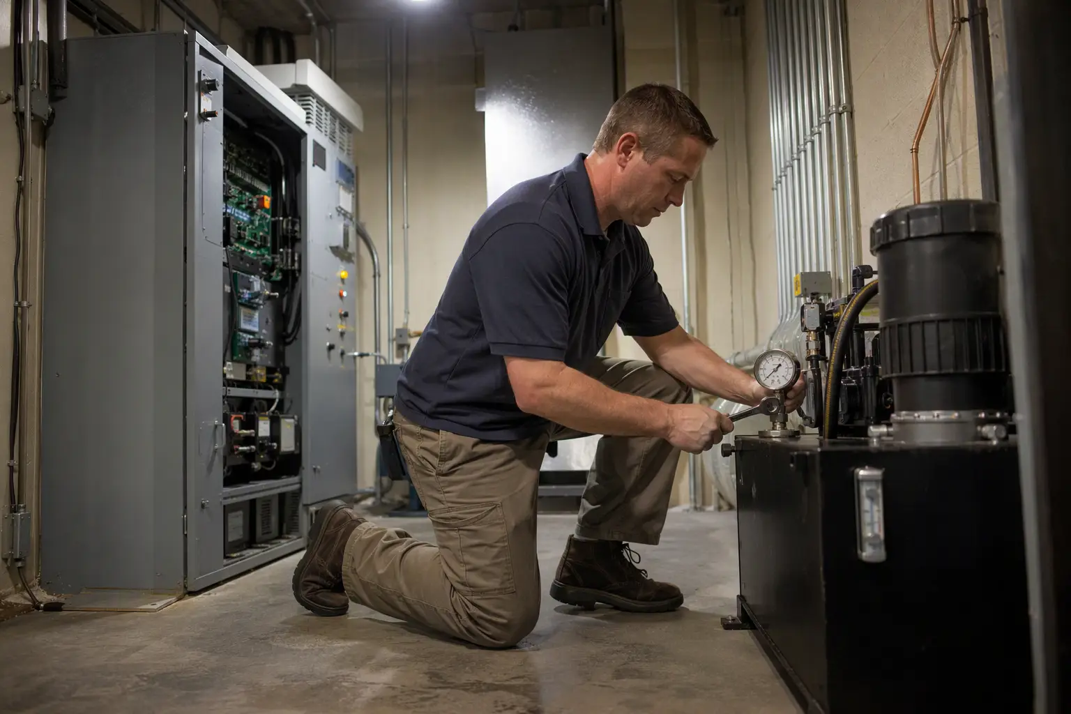 Elevator service technician performing hydraulic unit maintenance in a machine room at a South Carolina senior living facility following OSHA and ASME A17.3 standards