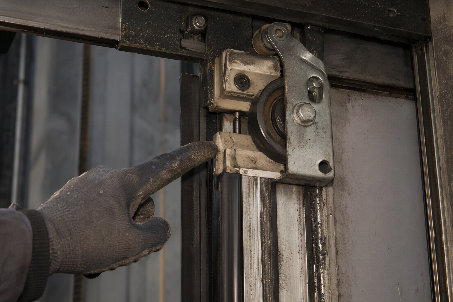 Worn Elevator Door Operator Components Worn elevator door gib and clutch mechanism showing mechanical wear that causes door malfunctions and elevator service calls in Columbia SC commercial buildings