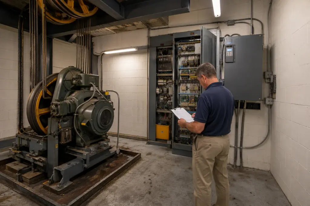 Building manager reviewing elevator maintenance log in a traction elevator machine room in Columbia SC, checking warning signs that signal potential elevator failure