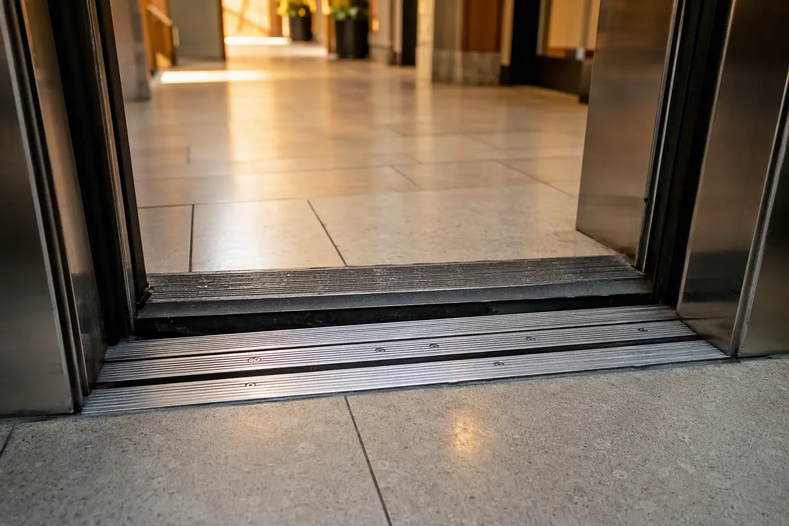 Elevator Misleveling at Floor Landing Elevator cab misleveling at a floor landing showing a two-inch gap between cab sill and corridor floor, a warning sign of worn brake linings or VFD encoder drift