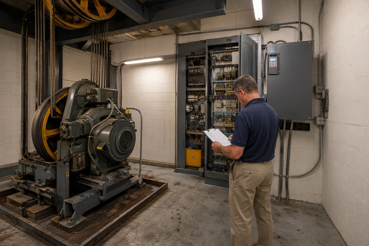 Elevator Machine Room Maintenance Review Building manager reviewing elevator maintenance log in a traction elevator machine room in Columbia SC, checking warning signs that signal potential elevator failure