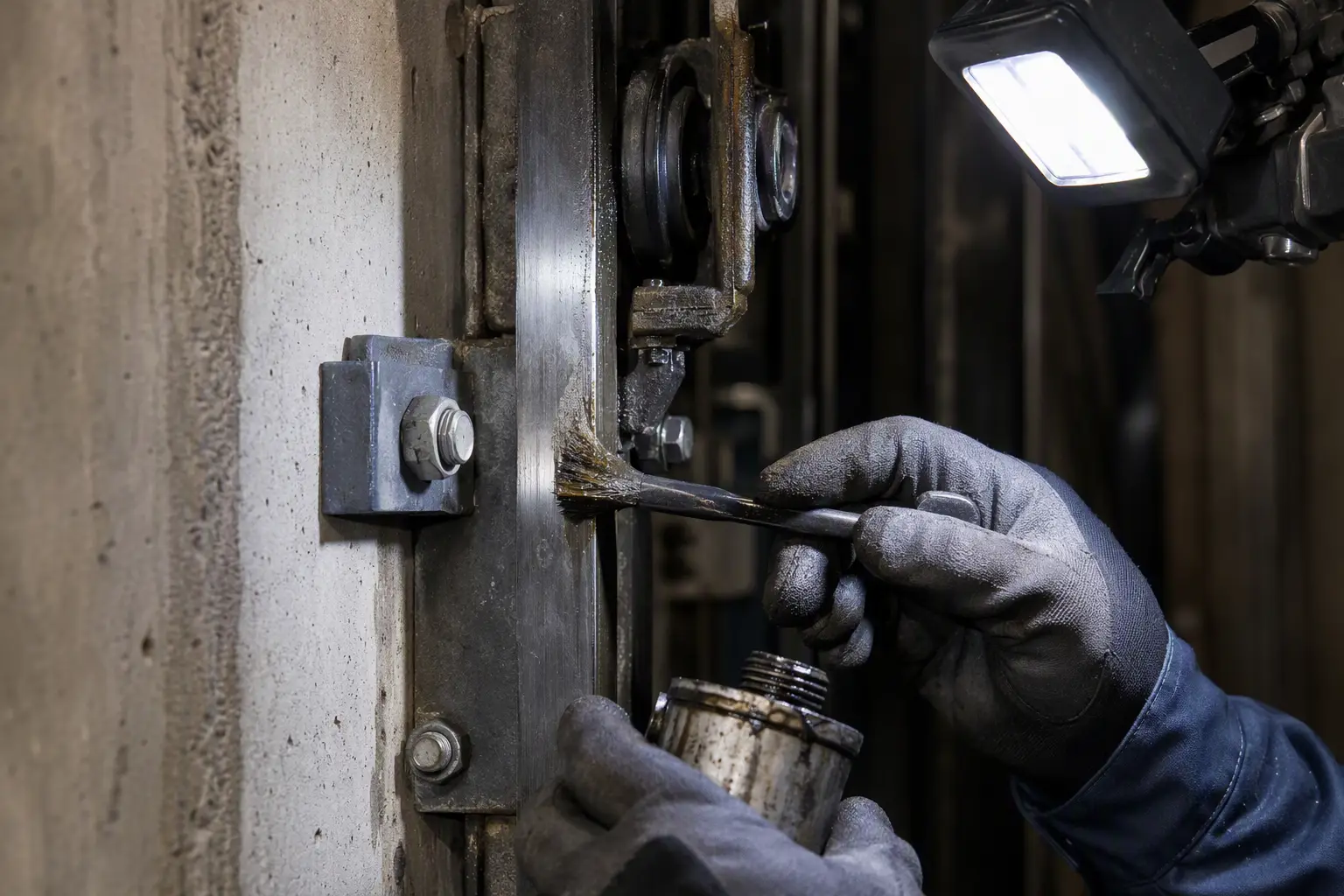 Guide Rail Lubrication Before Winter Elevator technician lubricating a steel guide rail inside a hoistway as part of a pre-winter maintenance visit, preventing cold-weather metal wear on South Carolina elevator installations.