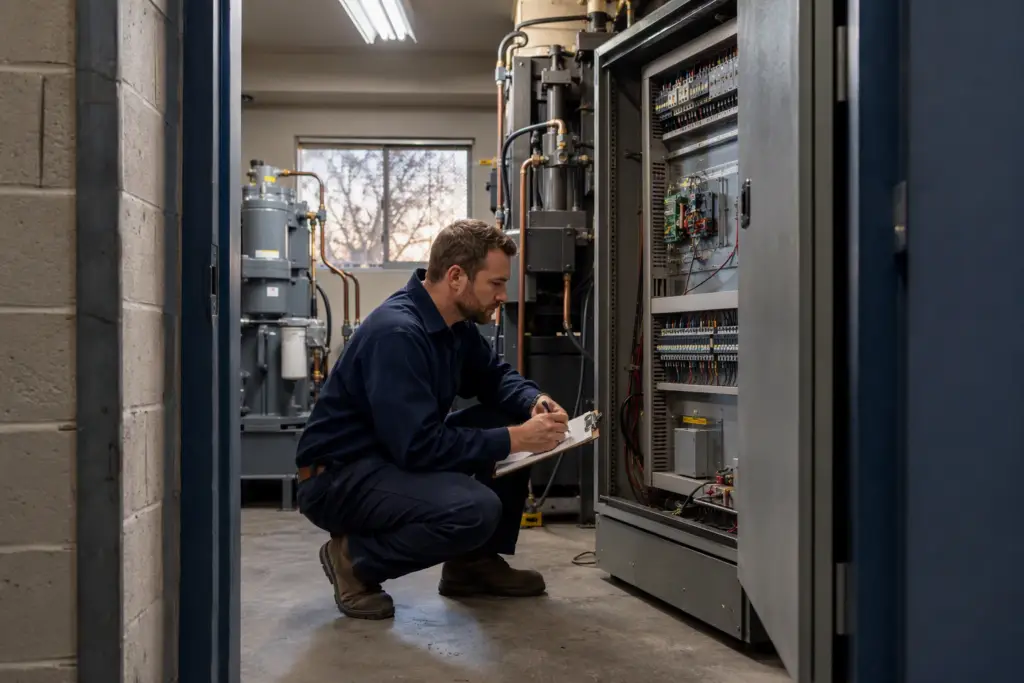 Elevator service technician reviewing machine room equipment during a pre-winter maintenance inspection at a Columbia SC commercial building, checking the hydraulic power unit and controller.