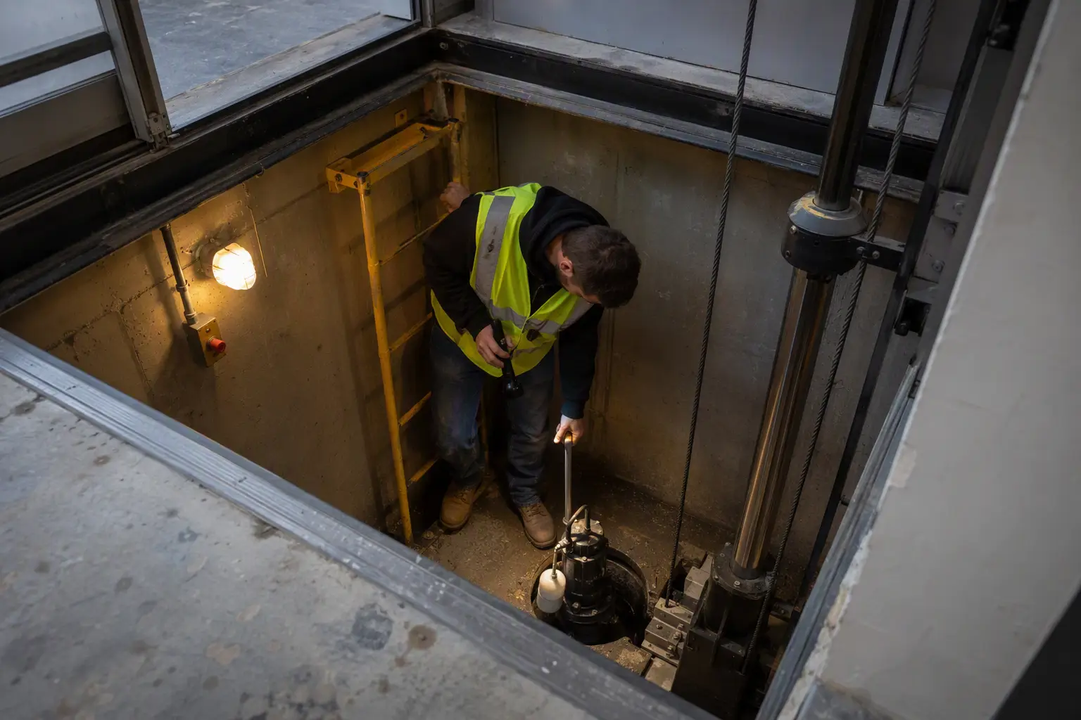 Pit Drainage and Sump Pump Inspection Elevator technician inspecting a pit sump pump and drainage system during a year-end pre-winter maintenance visit, checking for water infiltration risk in a Columbia SC commercial elevator installatio