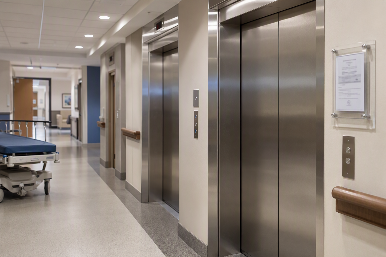 Hospital elevator lobby in a South Carolina healthcare facility showing ADA-compliant stainless steel elevator doors and inspection certificate, illustrating healthcare facility elevator code complian