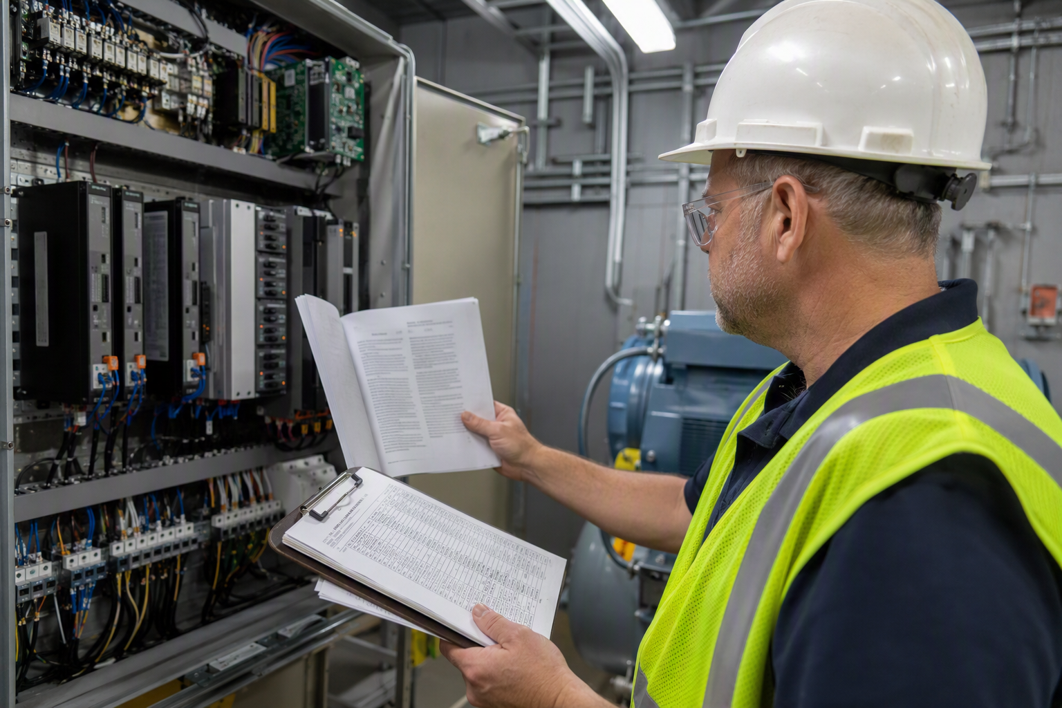 Elevator inspector reviewing ASME A17.1 and A17.3 compliance documentation in a hospital machine room in South Carolina, examining controller panel components during a healthcare facility elevator cod