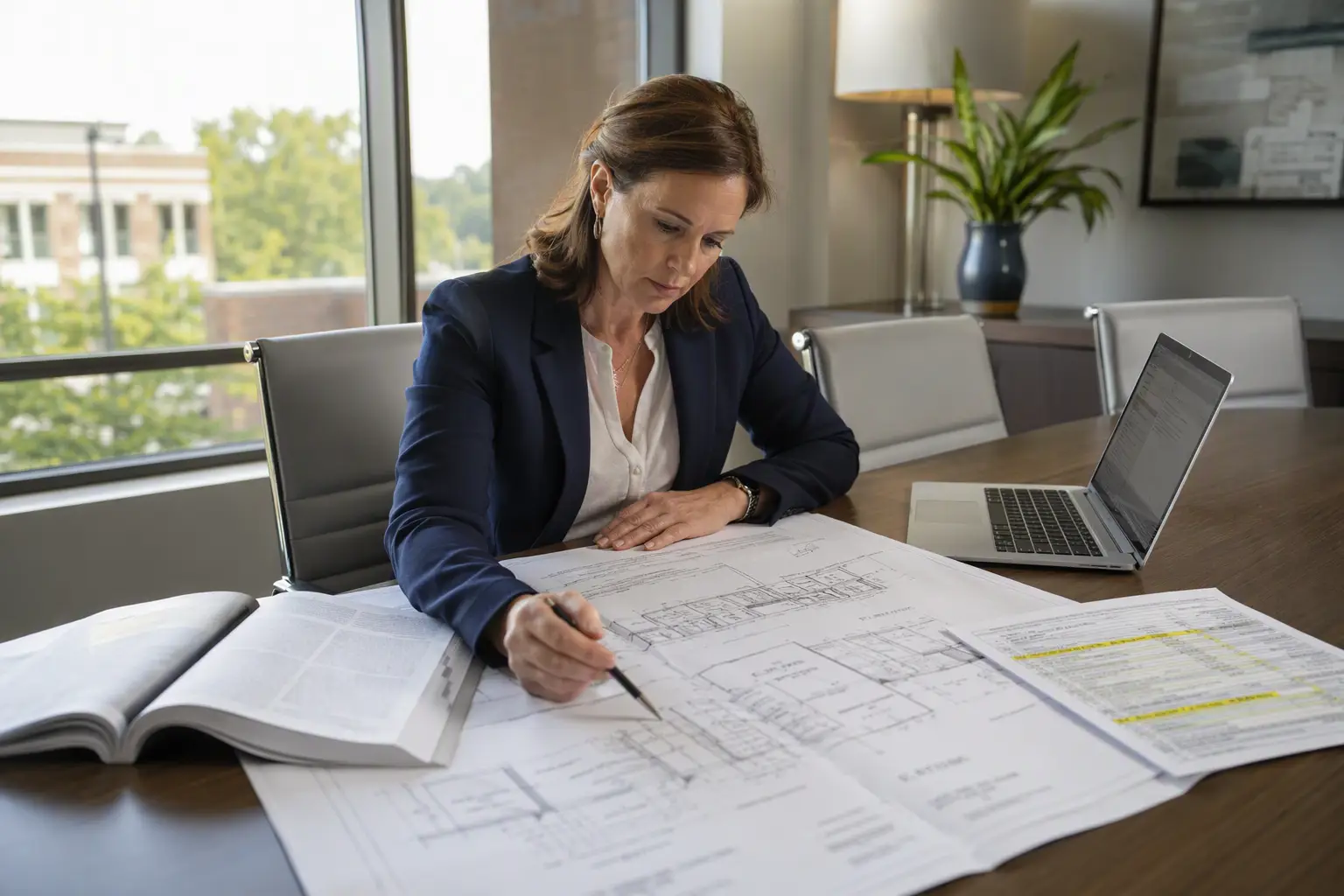 Healthcare facility administrator in Columbia SC reviewing elevator code compliance drawings and ASME standards at a conference table, comparing compliance approaches for a hospital elevator moderniza