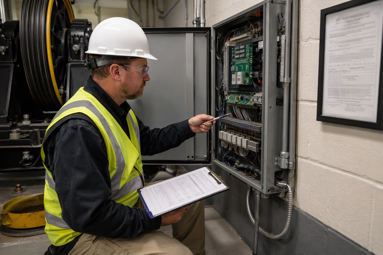 SC Elevator Compliance Inspection — Machine Room Licensed elevator inspector reviewing compliance documentation beside a hospital elevator controller in a Columbia SC machine room under South Carolina LLR regulations.