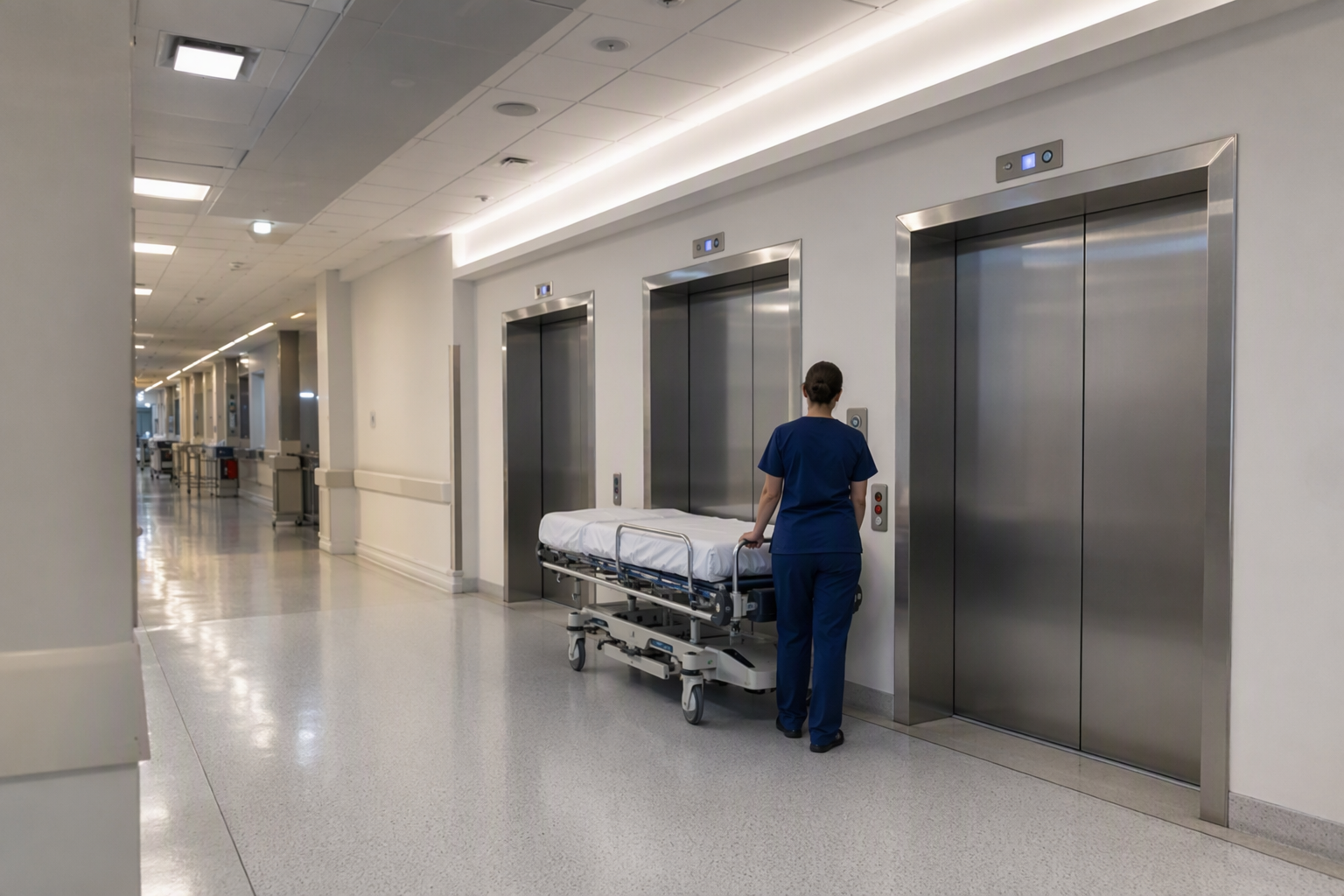 Hospital Elevator Bank — Patient Transport Corridor Hospital corridor in Columbia SC with a bank of three stainless-steel elevator doors used for patient transport, illustrating elevator reliability in healthcare facilities.