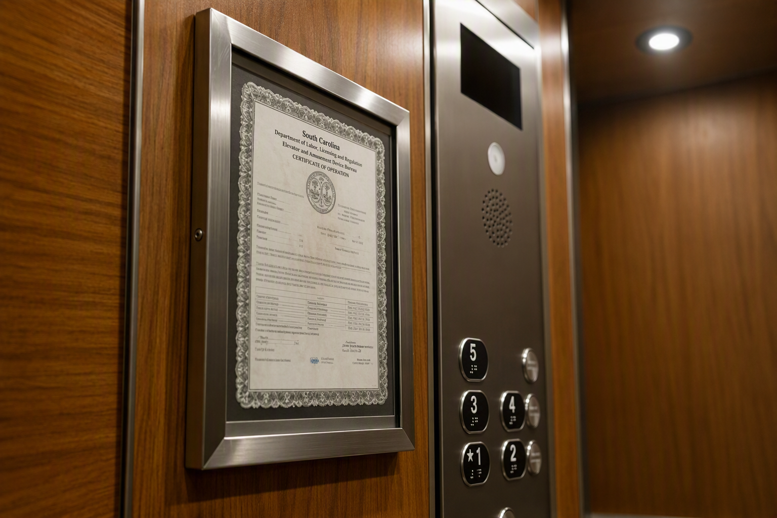 Elevator Inspection Certificate & ADA Panel SC LLR elevator inspection certificate and ADA-compliant Braille control panel inside a South Carolina hotel elevator cab showing compliance requirements.