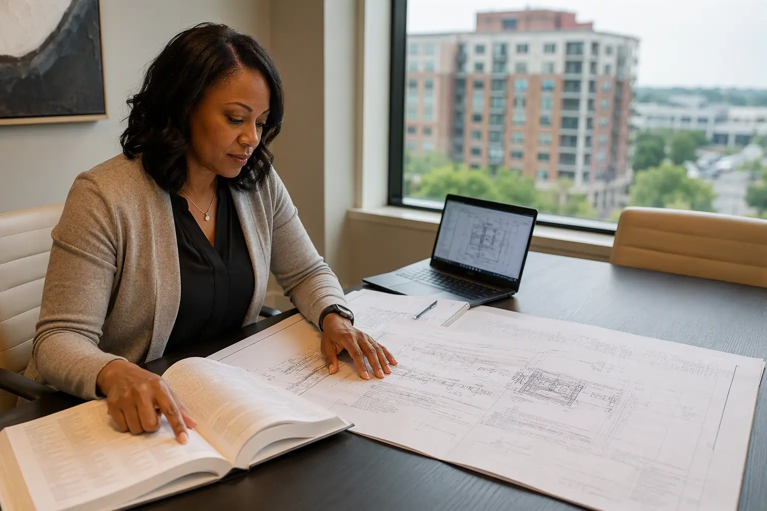 Hotel Manager Reviewing Elevator Compliance Plans Hotel property manager reviewing elevator code compliance drawings and ASME requirements at a desk in Columbia SC, representing hospitality elevator planning.