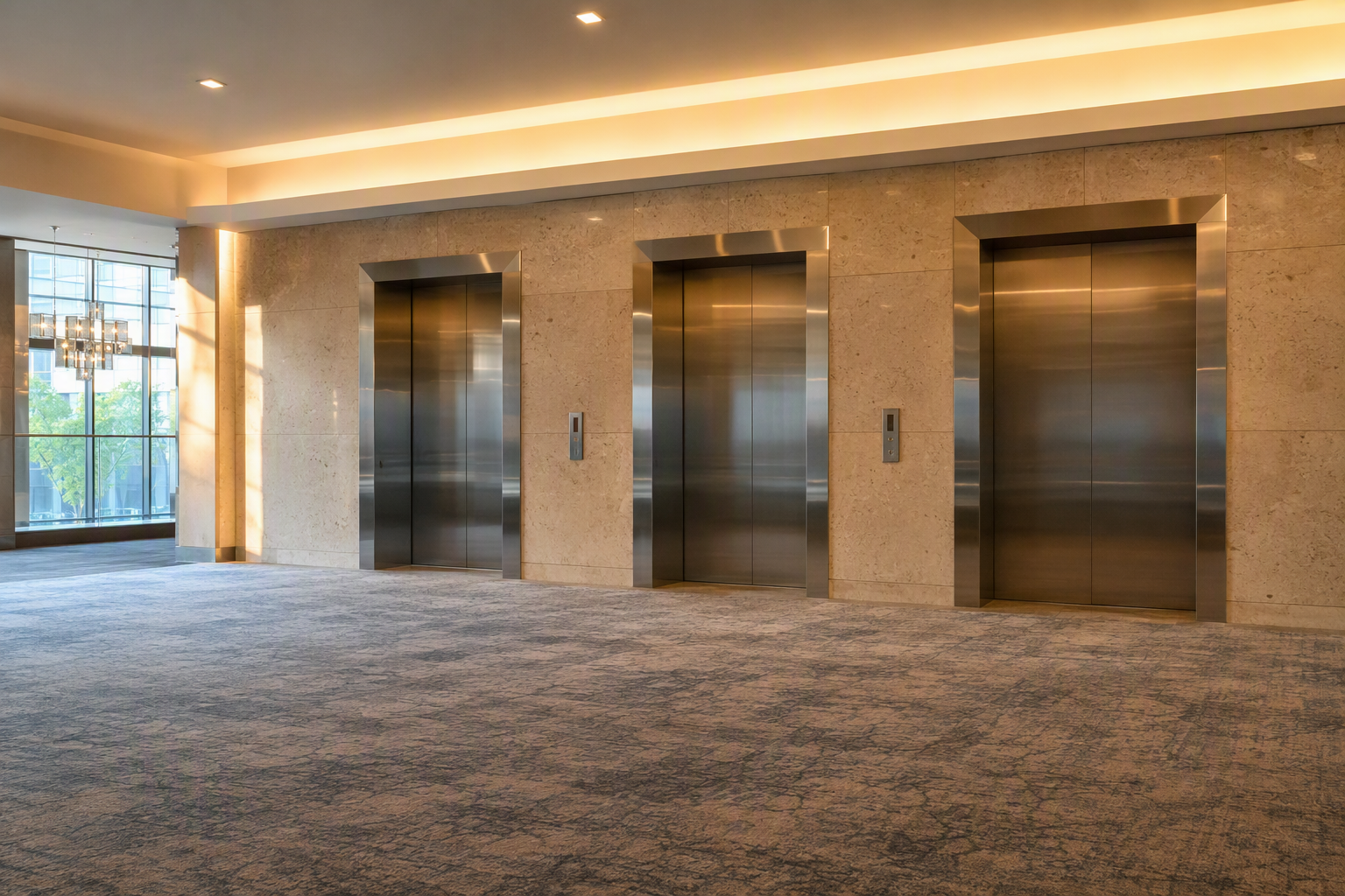 Hotel Elevator Bank – Columbia SC Hotel elevator bank with three stainless-steel doors in a Columbia SC hospitality property, illustrating elevator requirements for hotels in South Carolina.