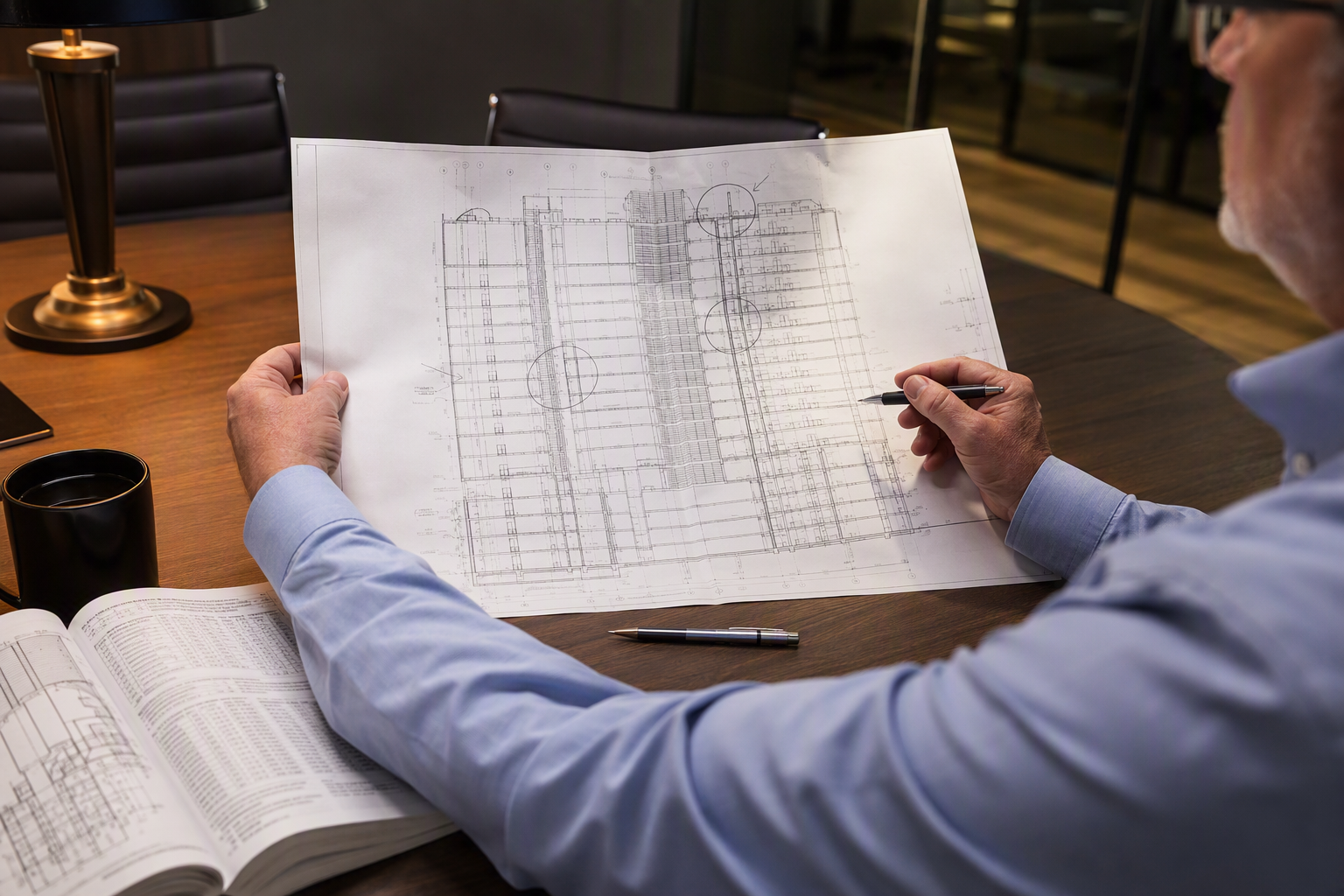 Reviewing floor plans for elevator quantity planning Facilities manager reviewing architectural floor plans to calculate how many elevators are needed per square footage in a commercial building