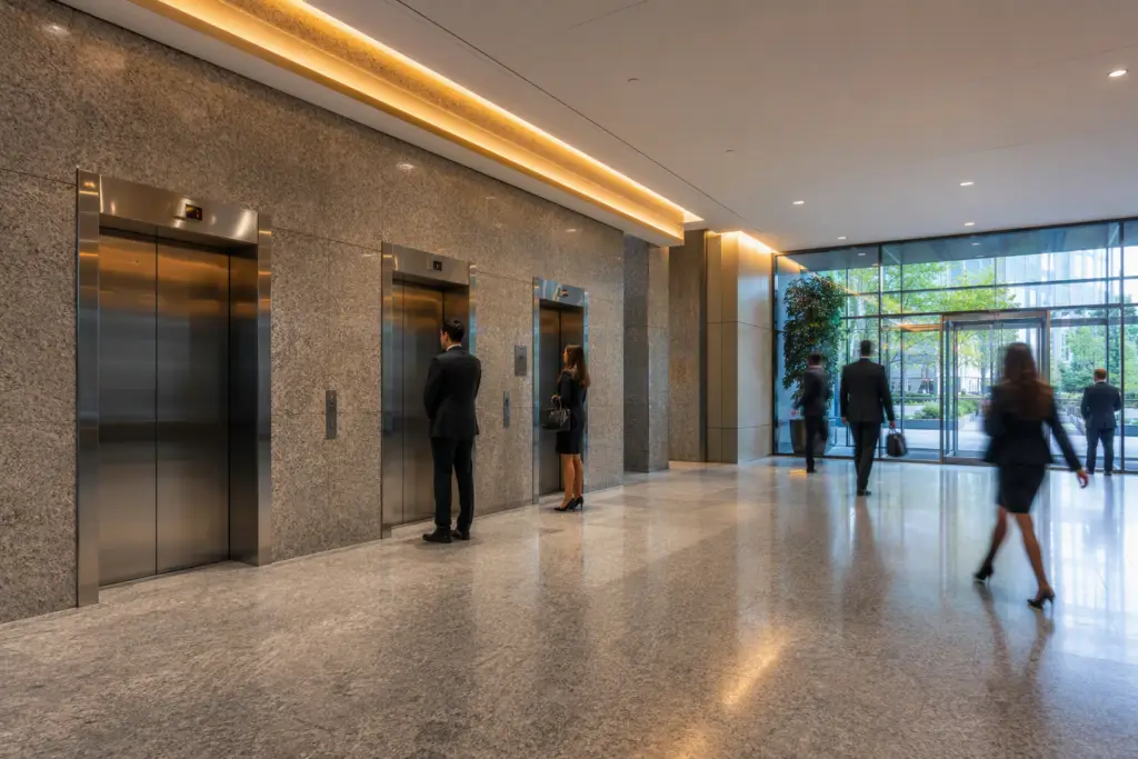Three stainless-steel elevator doors in a Columbia SC commercial office building lobby, illustrating how many elevators a building needs by square footage and floors