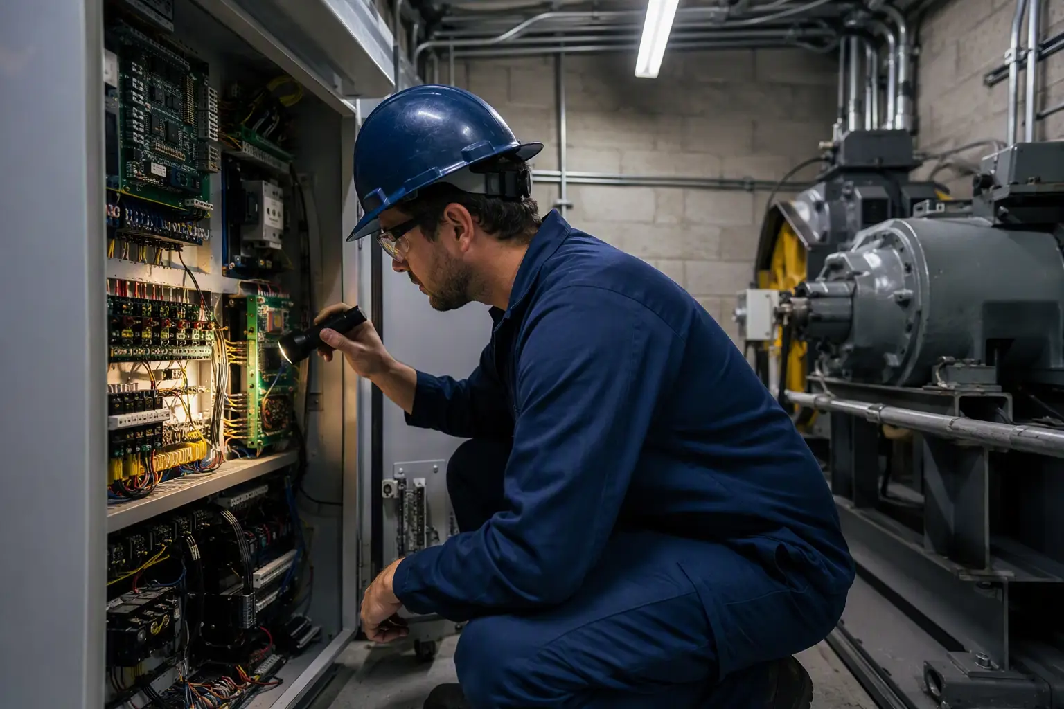 Elevator machine room capacity assessment Elevator technician inspecting a machine-room controller to assess lift capacity and number of elevator units needed for a multi-story building