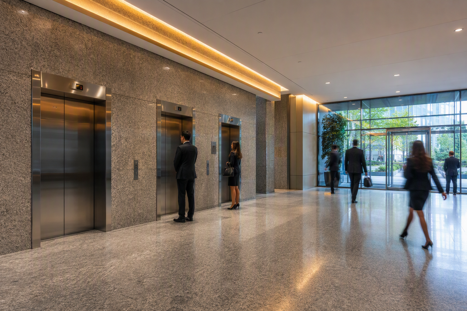 Multi-elevator bank in a mid-rise office lobby Three stainless-steel elevator doors in a Columbia SC commercial office building lobby, illustrating how many elevators a building needs by square footage and floors