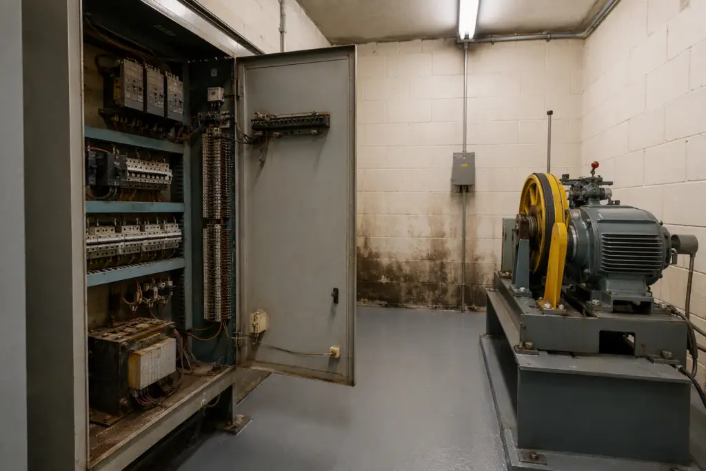 Elevator machine room in a Columbia SC healthcare facility showing a controller cabinet with corroded relay contacts and oxidation caused by hot humid climate conditions