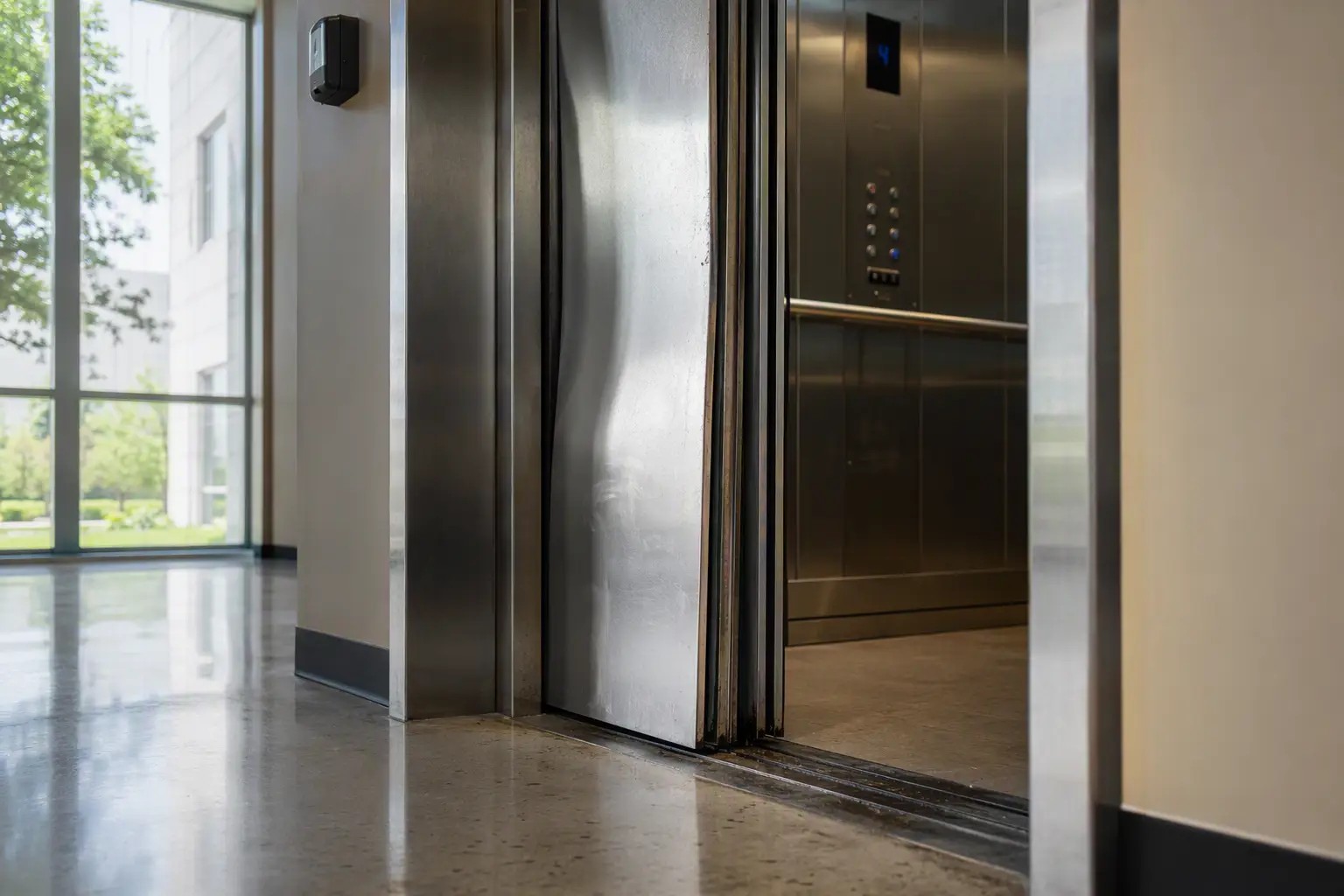 Swollen elevator door panel causing incomplete closure in a healthcare facility Hospital elevator door stuck partially open with a swollen door panel and debris-filled sill groove caused by humidity-related expansion, a common elevator problem in hot humid South Carolina climates