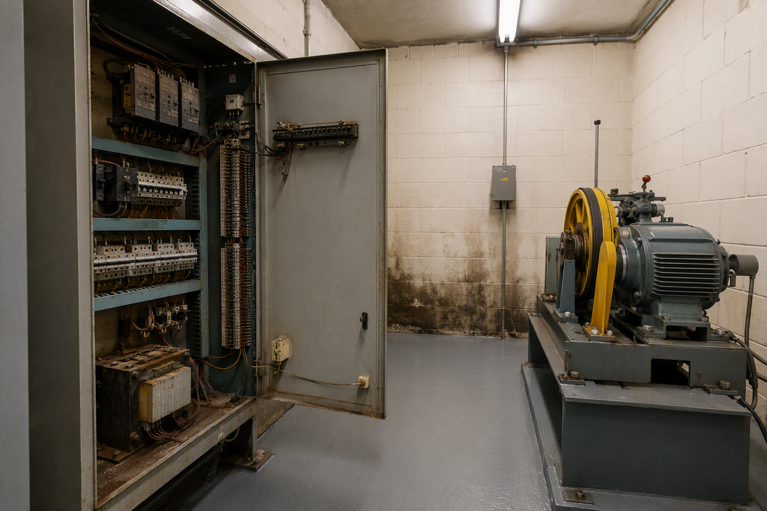 Humidity damage inside a hospital elevator machine room Elevator machine room in a Columbia SC healthcare facility showing a controller cabinet with corroded relay contacts and oxidation caused by hot humid climate conditions