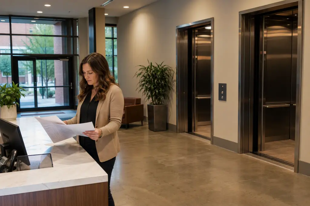 Property manager reviewing elevator service vendor contracts in a Columbia SC commercial office building lobby with elevator cabs visible behind her