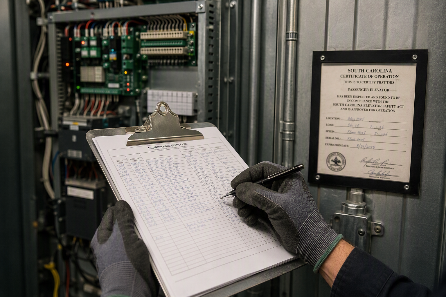 Elevator technician reviewing maintenance logbook in a machine room with inspection documentation visible on the wall during vendor evaluation