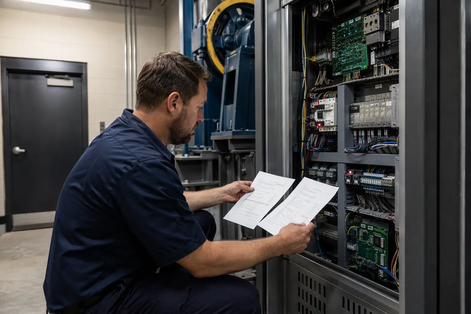 Elevator technician comparing OEM and independent service provider diagnostic reports inside a commercial elevator machine room