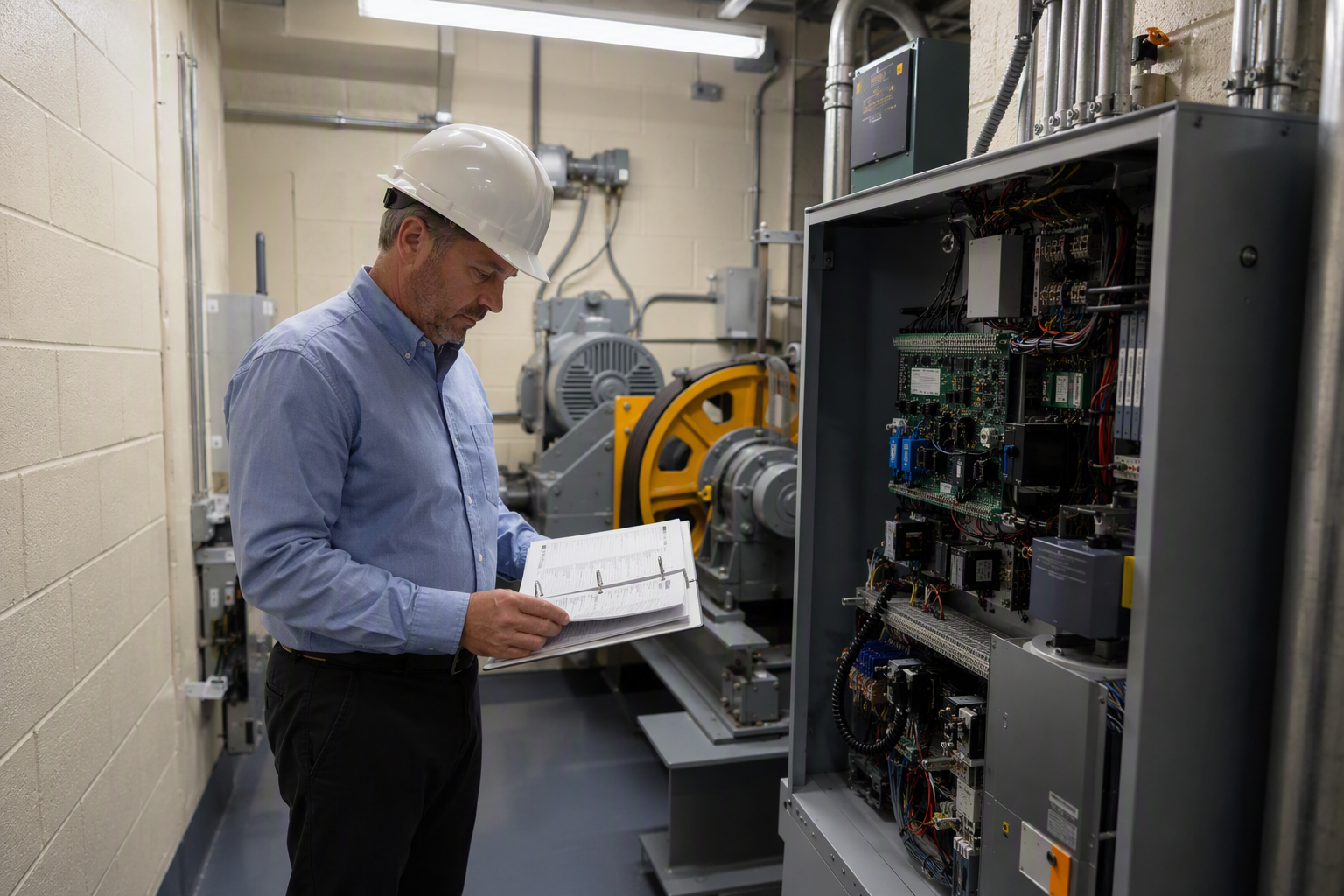 Licensed elevator inspector reviewing maintenance log binders beside an open controller cabinet in a Columbia SC office building machine room during an annual inspection.