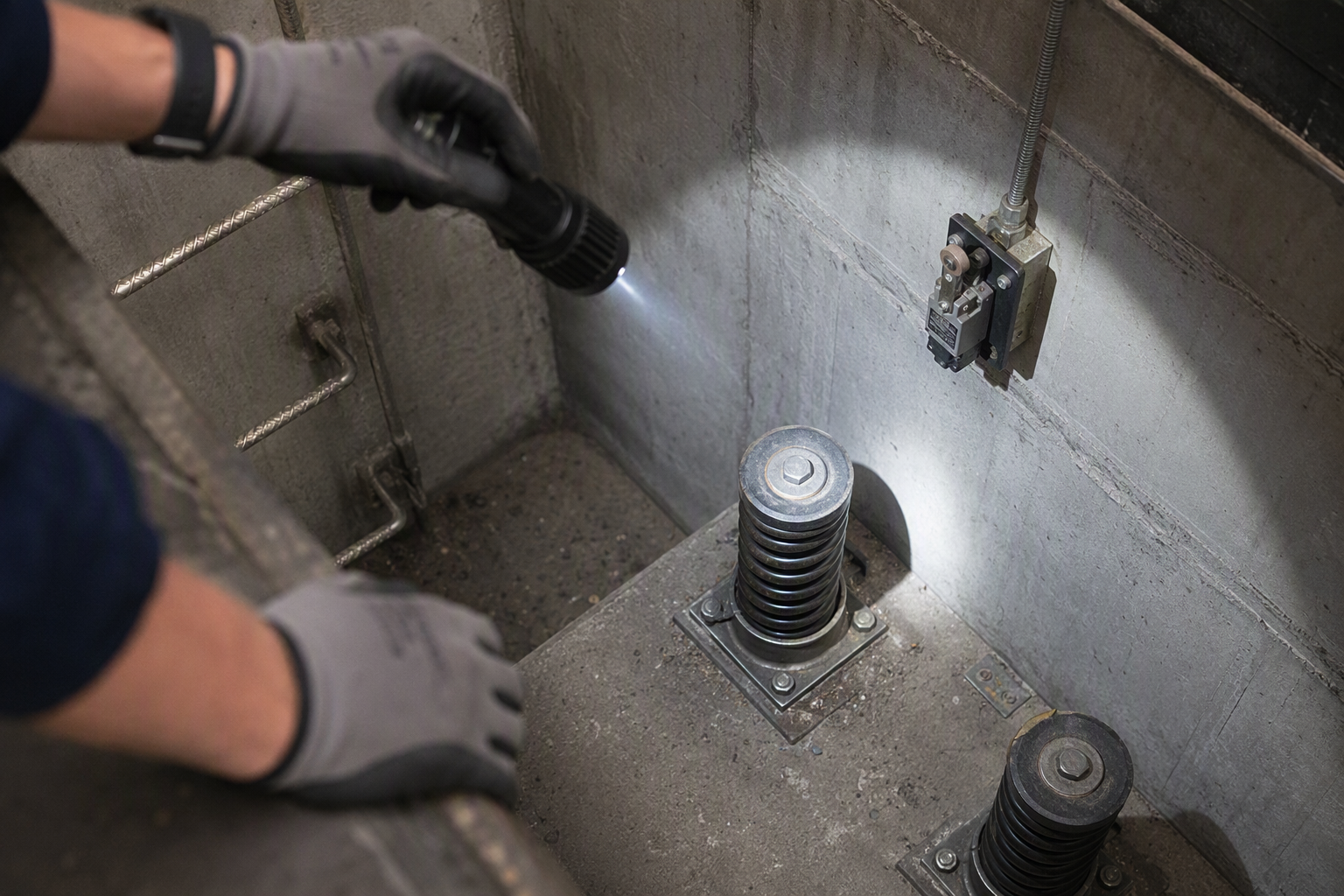 Elevator inspector shining a flashlight into a pit during a pre-inspection audit, checking the buffer springs, pit stop switch, and pit ladder for ASME A17.1 compliance.