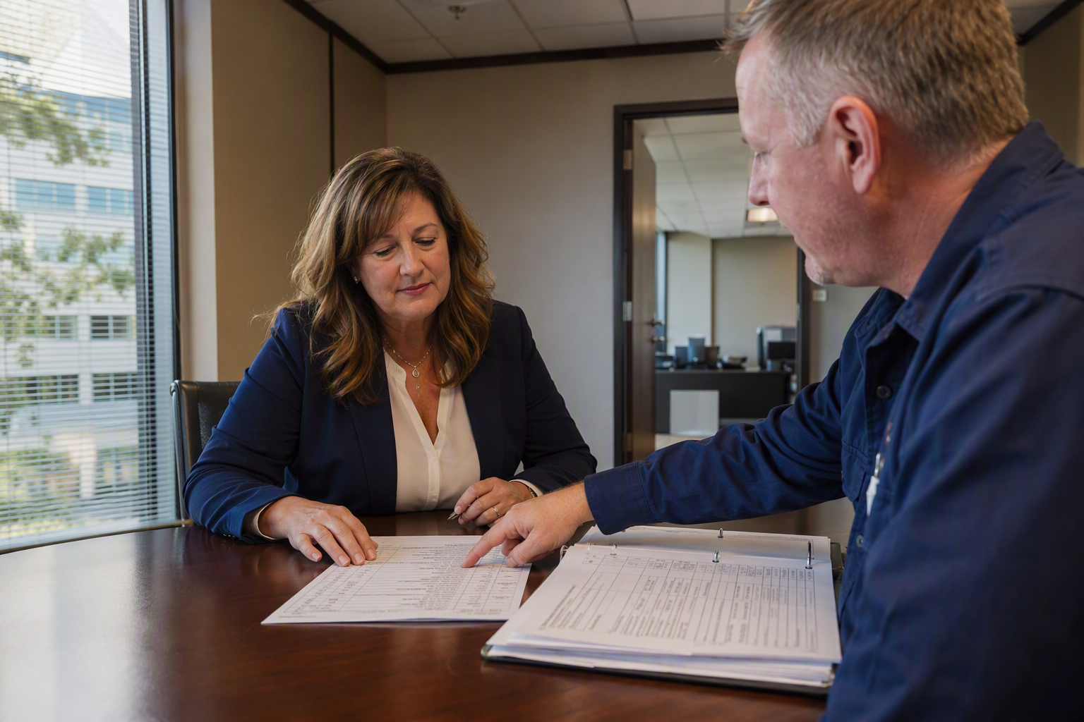 Building manager and elevator service technician reviewing a pre-inspection checklist and maintenance records at a conference table to prepare for an upcoming elevator inspection.