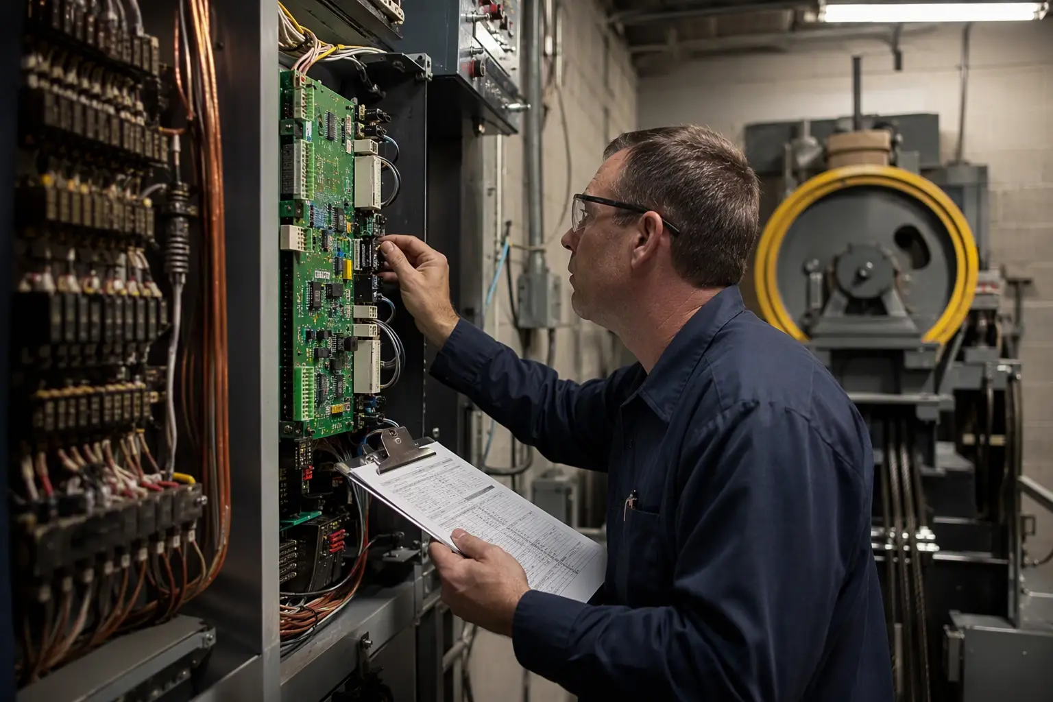 Elevator technician reviewing a condition assessment report beside an aging controller in a commercial building machine room during pre-modernization planning