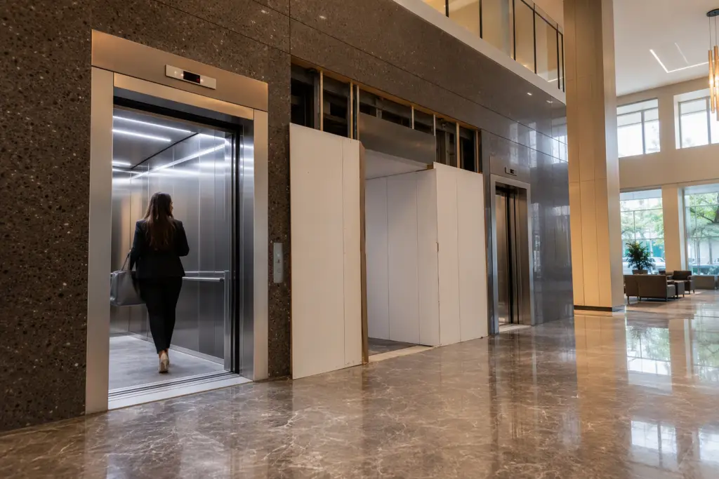 Columbia SC office building lobby showing phased elevator modernization with one cab operational for tenants while adjacent cab is cordoned off for upgrade work